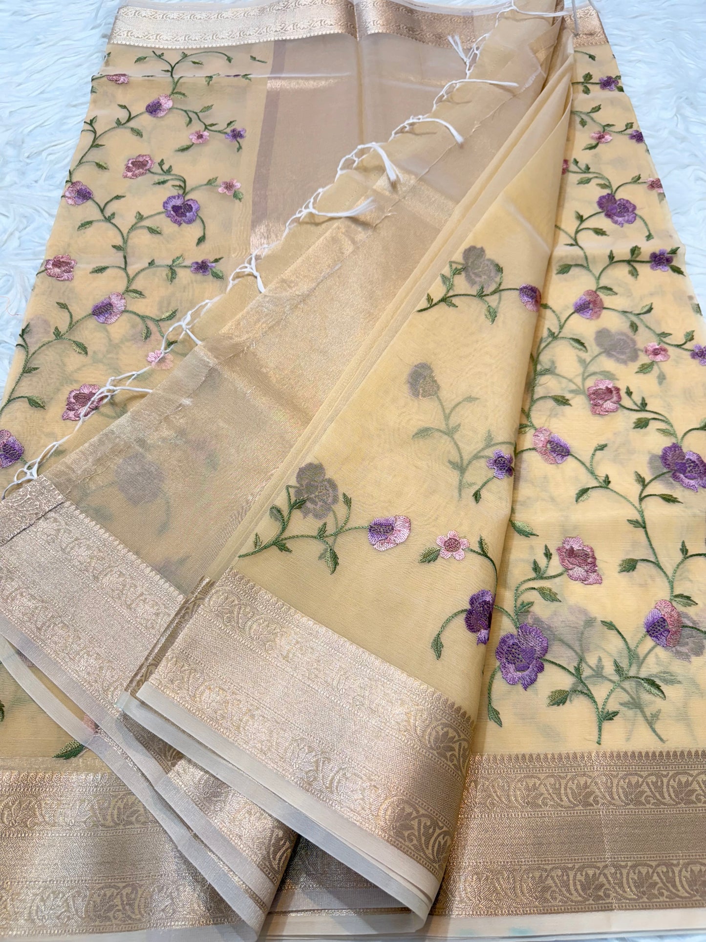 Beige shade organza embroidery Banarasi saree