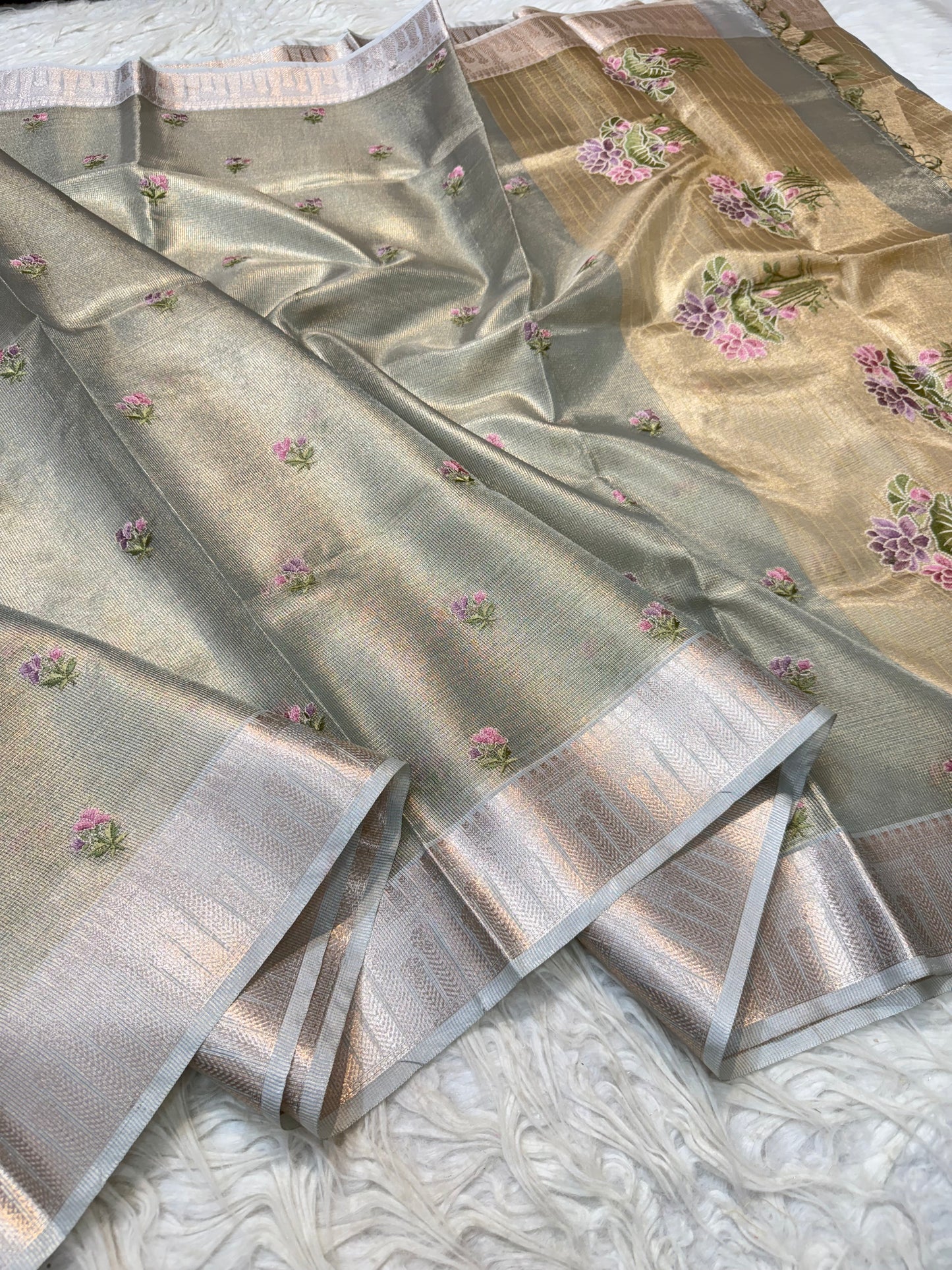 Sea green green shade tissue kota embroidery primum Banarasi saree