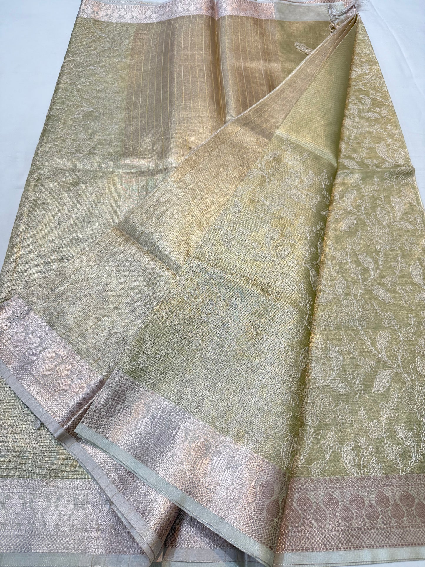 Pista green shade tissue kota embroidery primum Banarasi saree