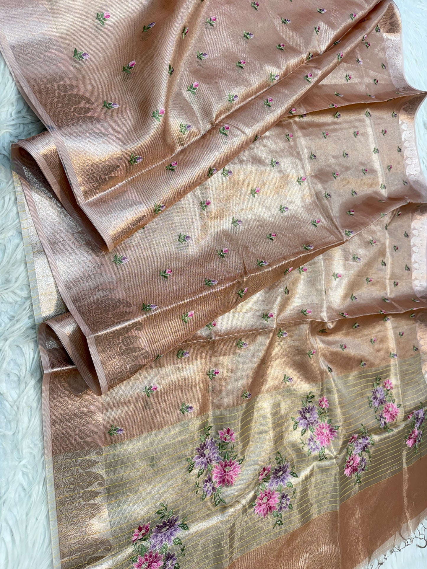 Pink shade tissue kota embroidery primum Banarasi saree