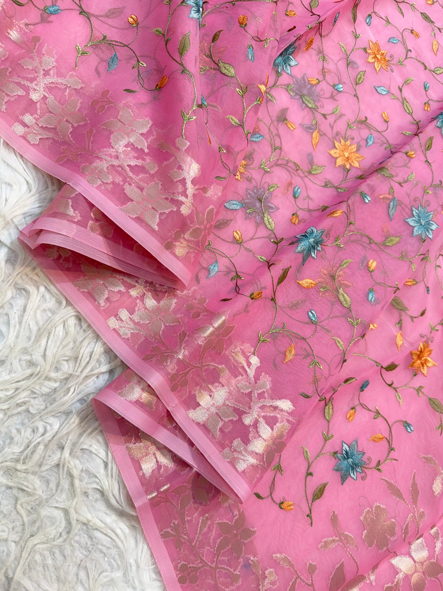 Pink shade kora organza embroidery Banarasi saree