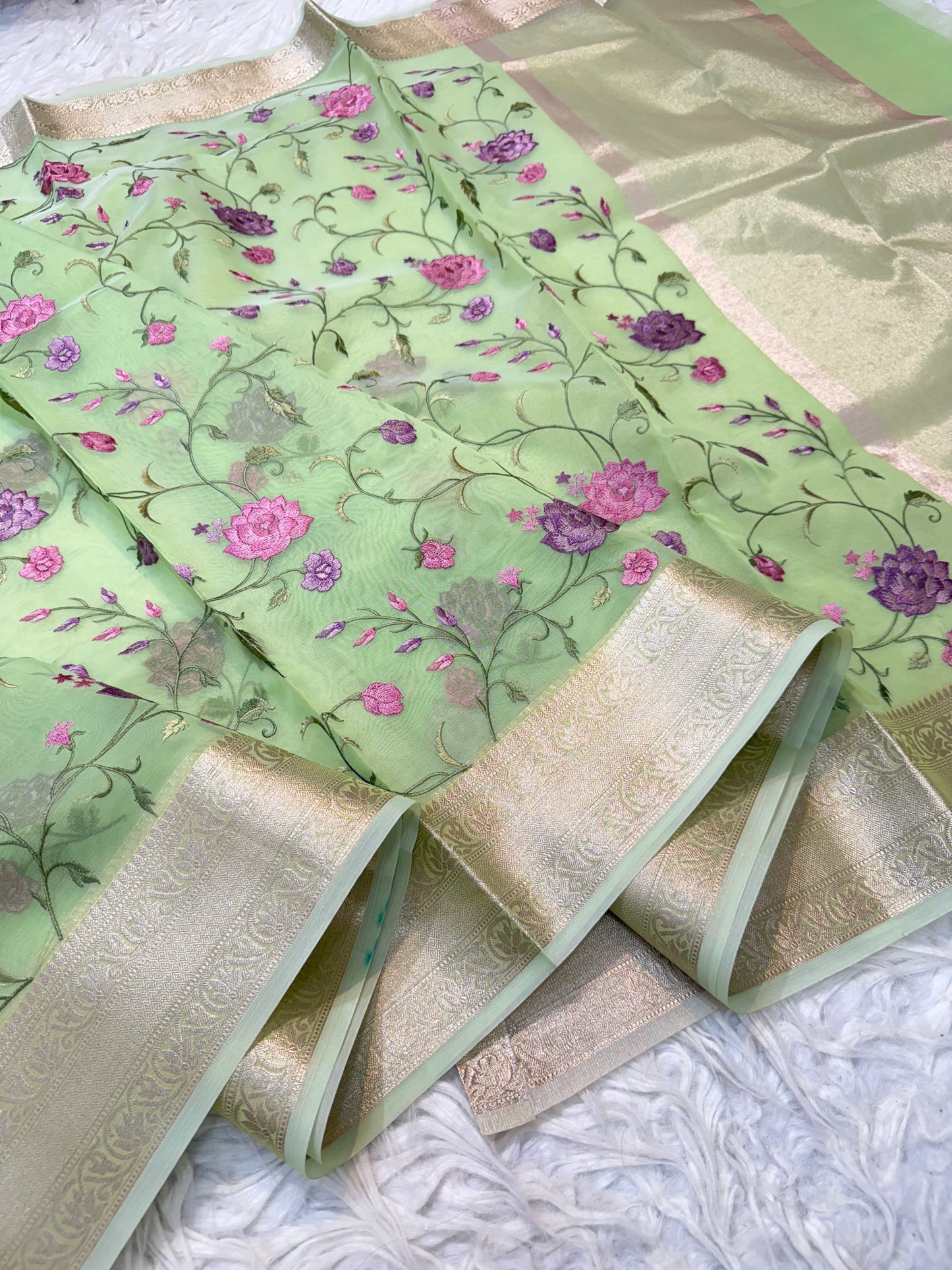 Pista green shade organza embroidery Banarasi saree