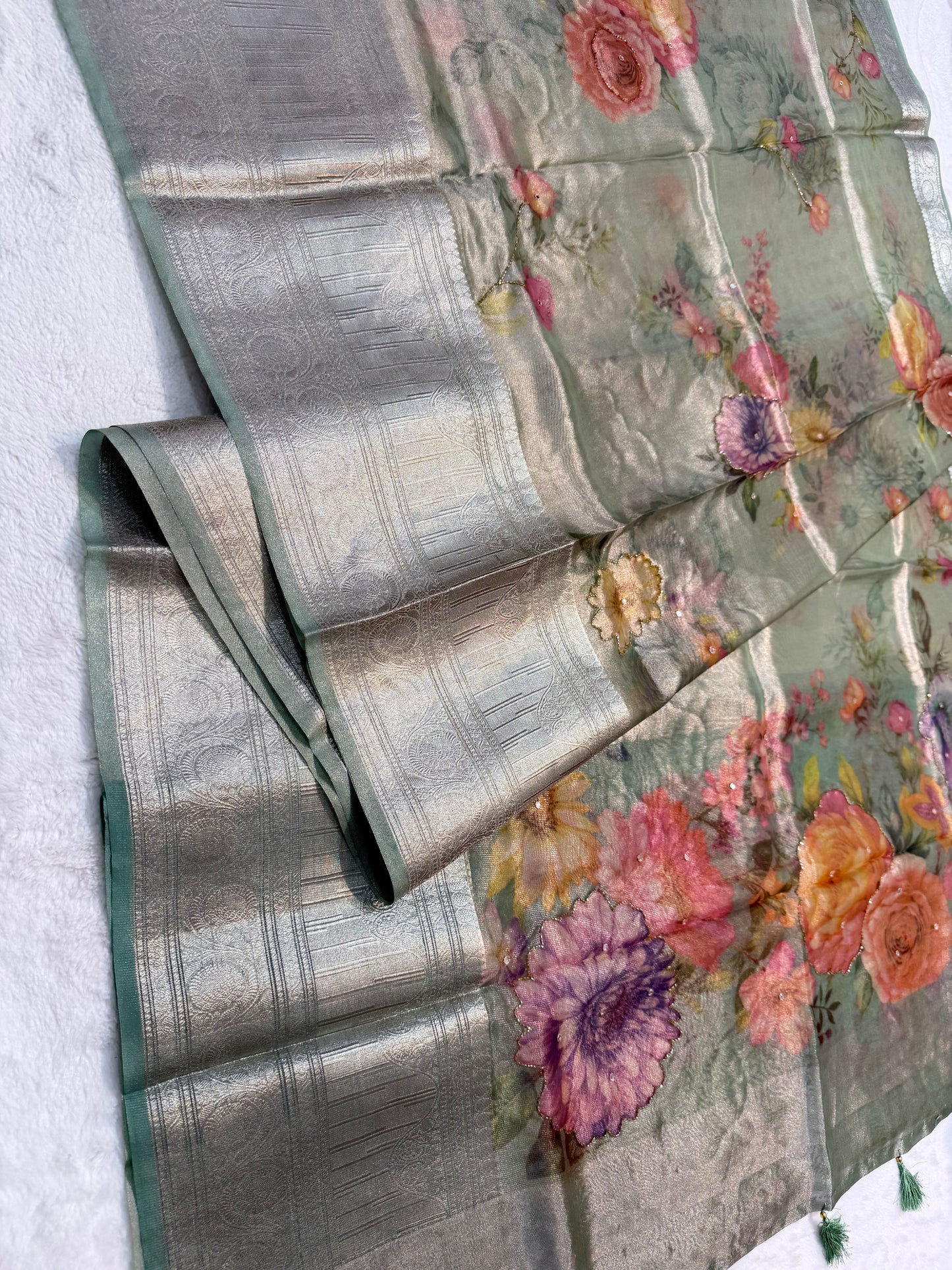 multicolour tissue silk digital print handwork premium Banarasi saree