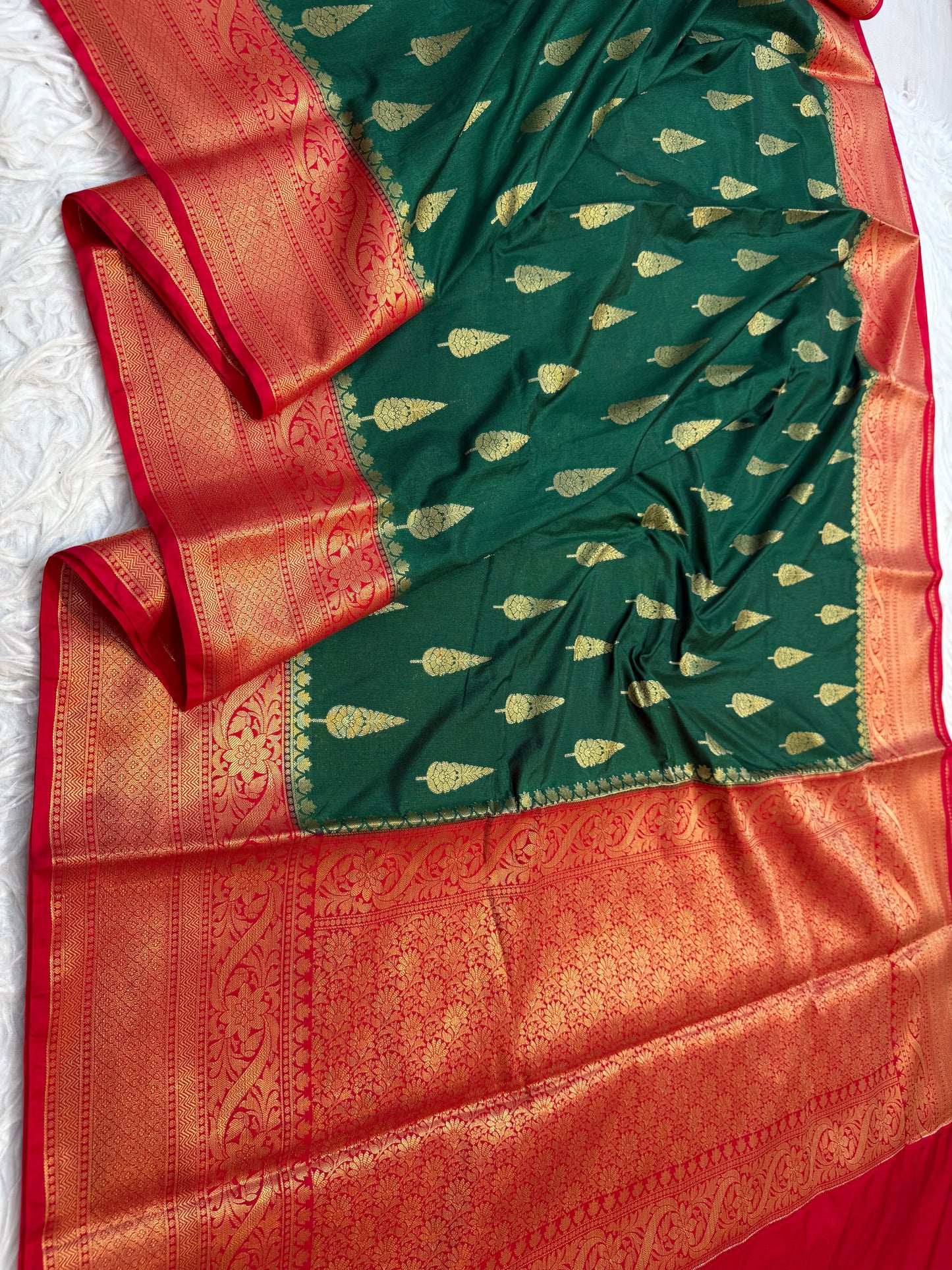 Bottle green red shade Dupion Silk Banarasi Saree