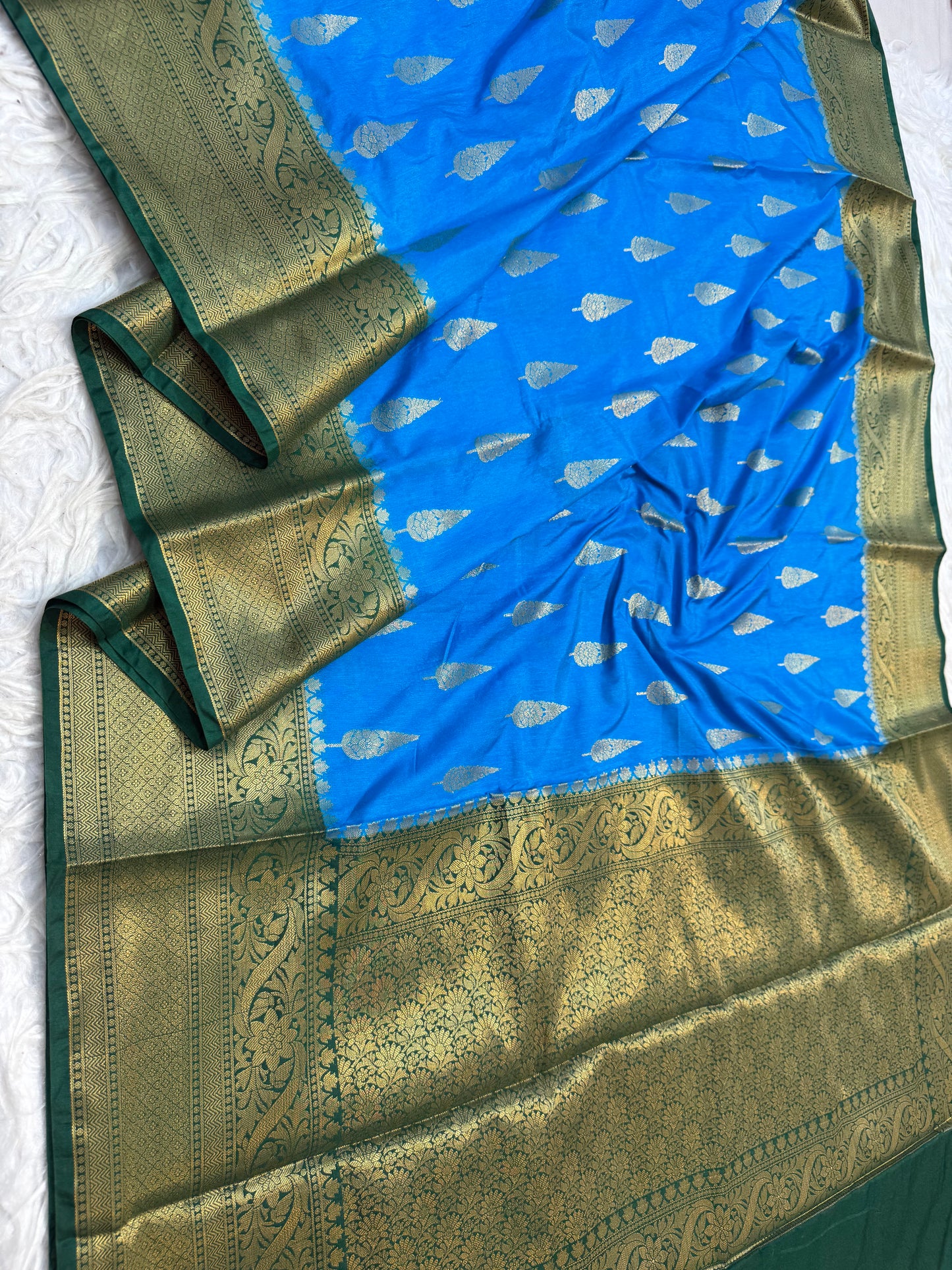 blue Bottle green shade Dupion Silk Banarasi Saree