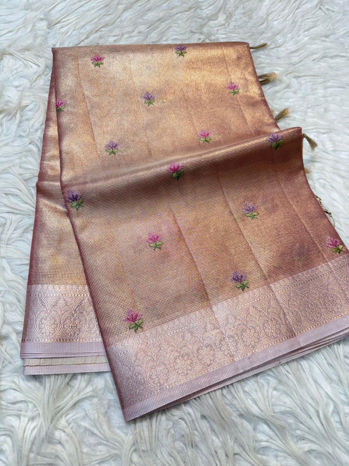Peach shade tissue kota embroidery primum Banarasi saree