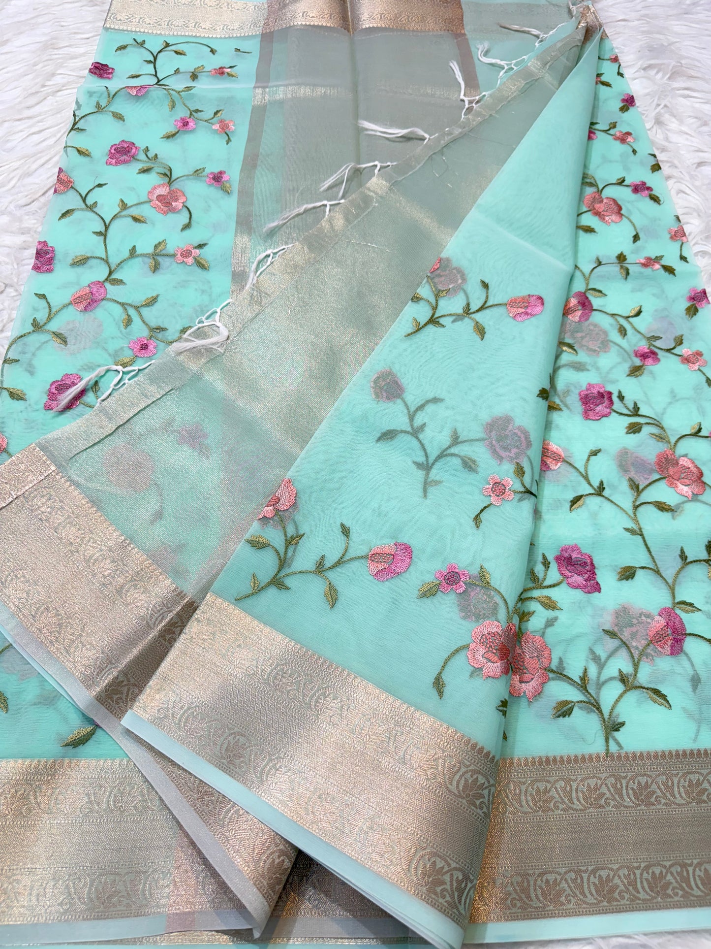 Turquoise shade organza embroidery Banarasi saree
