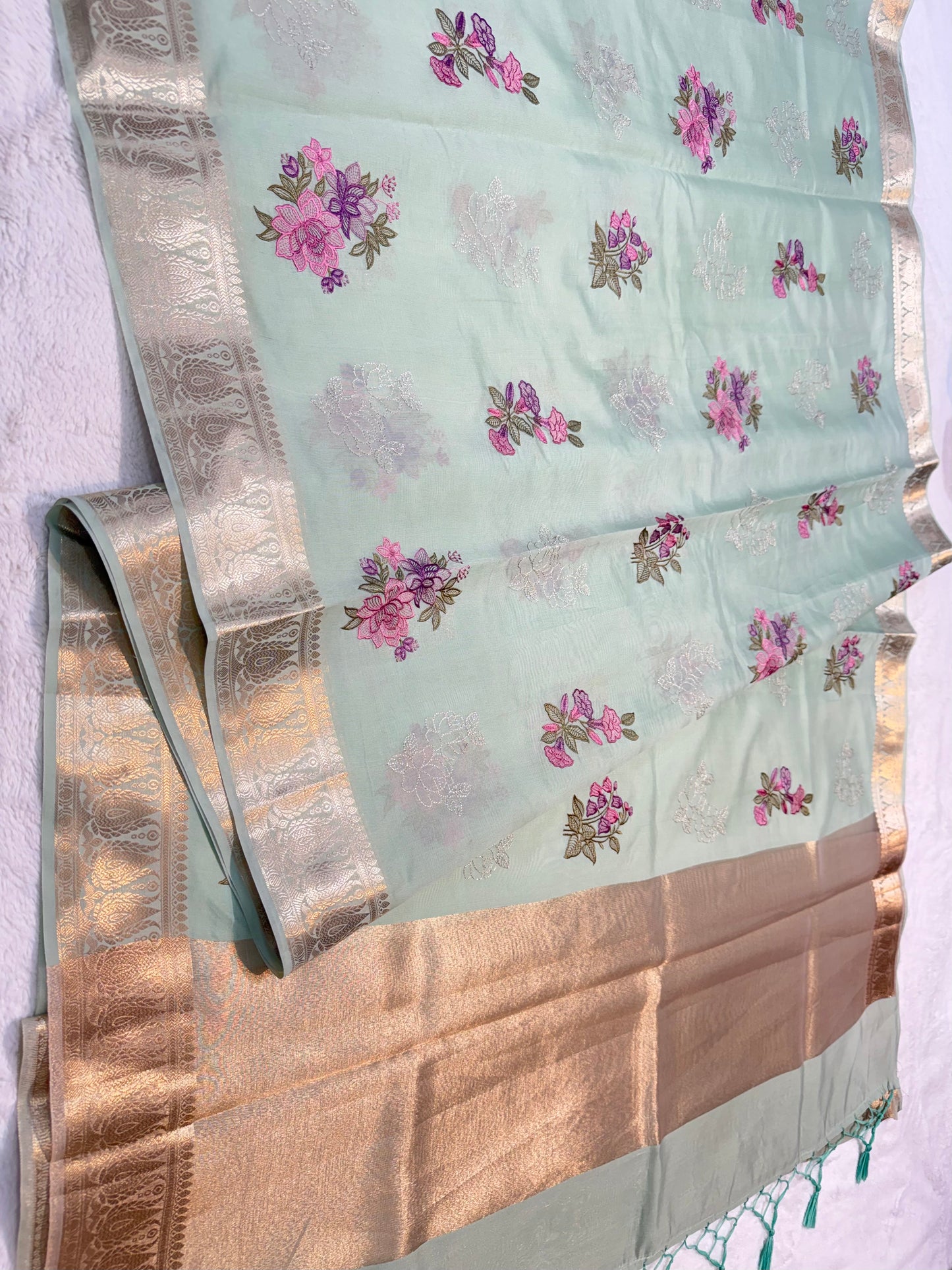 Sea green shade soft silk designer premium embroidery Banarasi saree