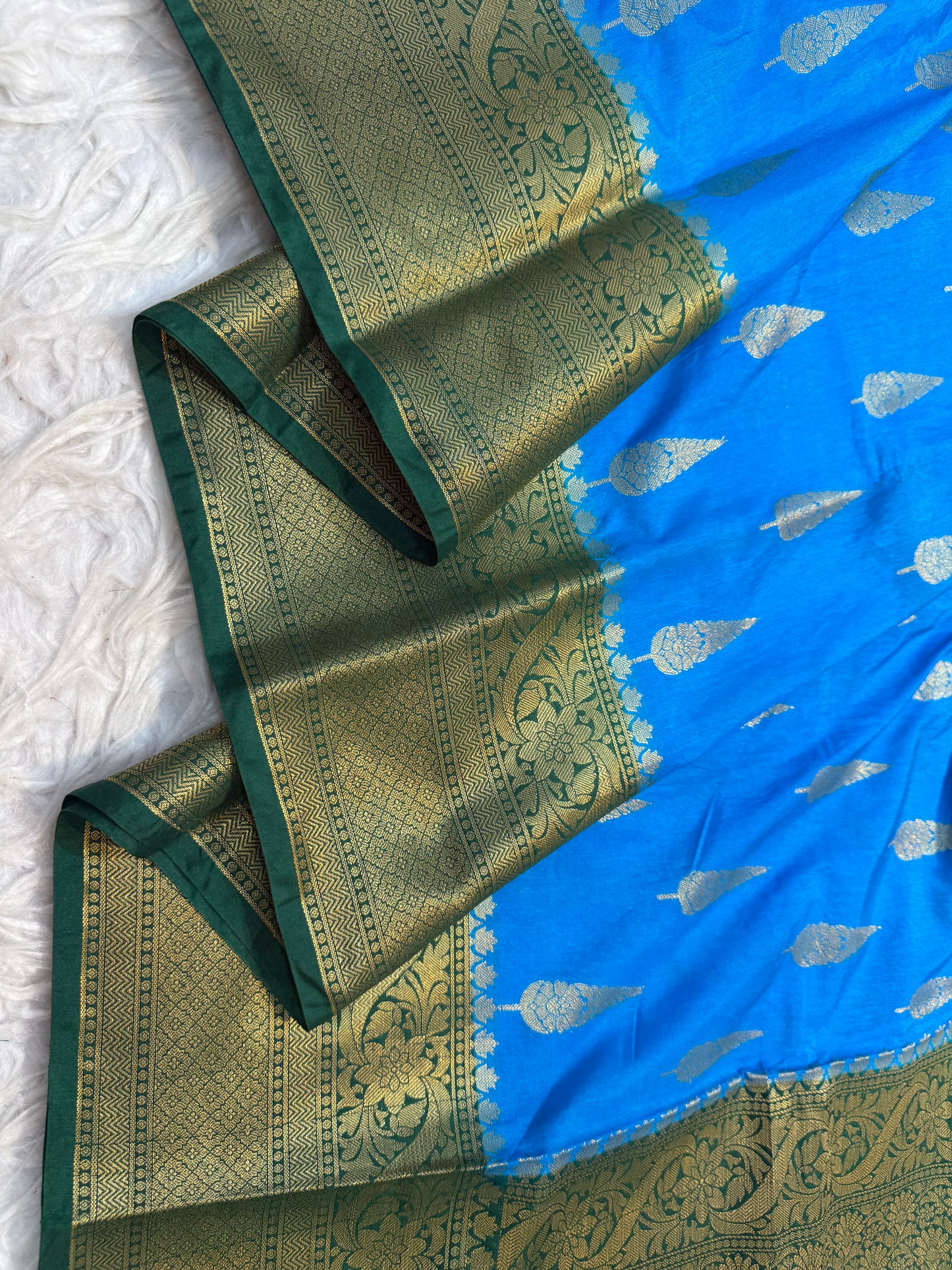 blue Bottle green shade Dupion Silk Banarasi Saree
