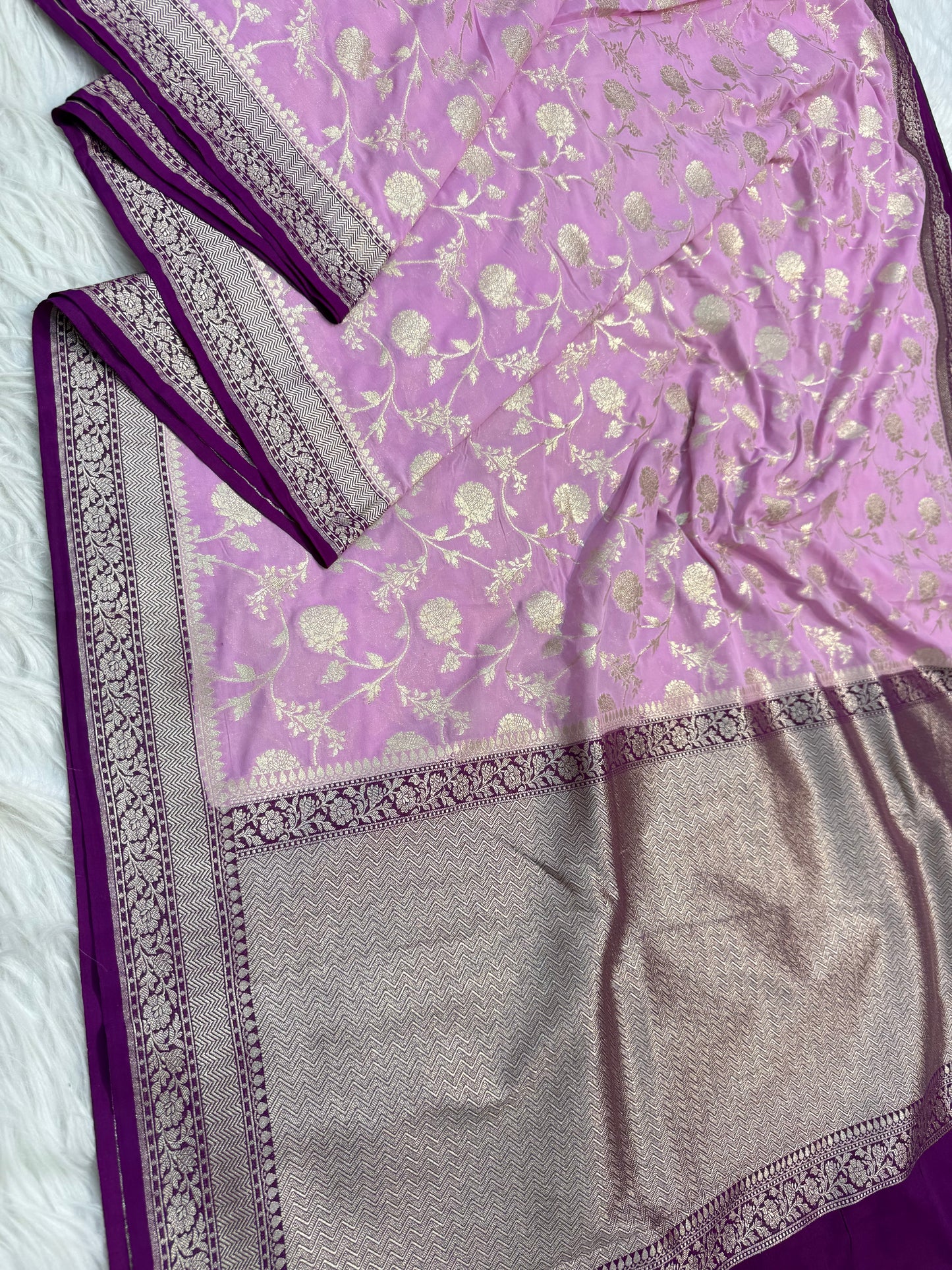 Peach magenta shade khaddi georgatte premium Banarasi saree