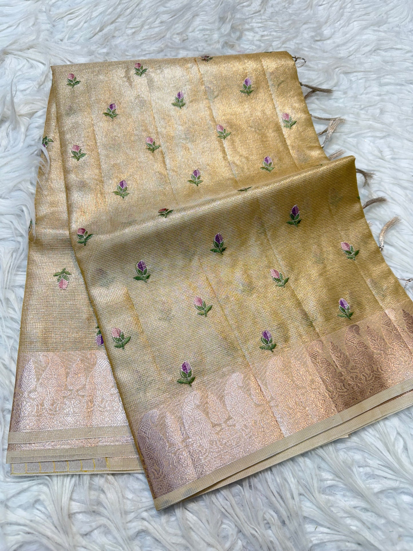 Gold shade tissue kota embroidery primum Banarasi saree