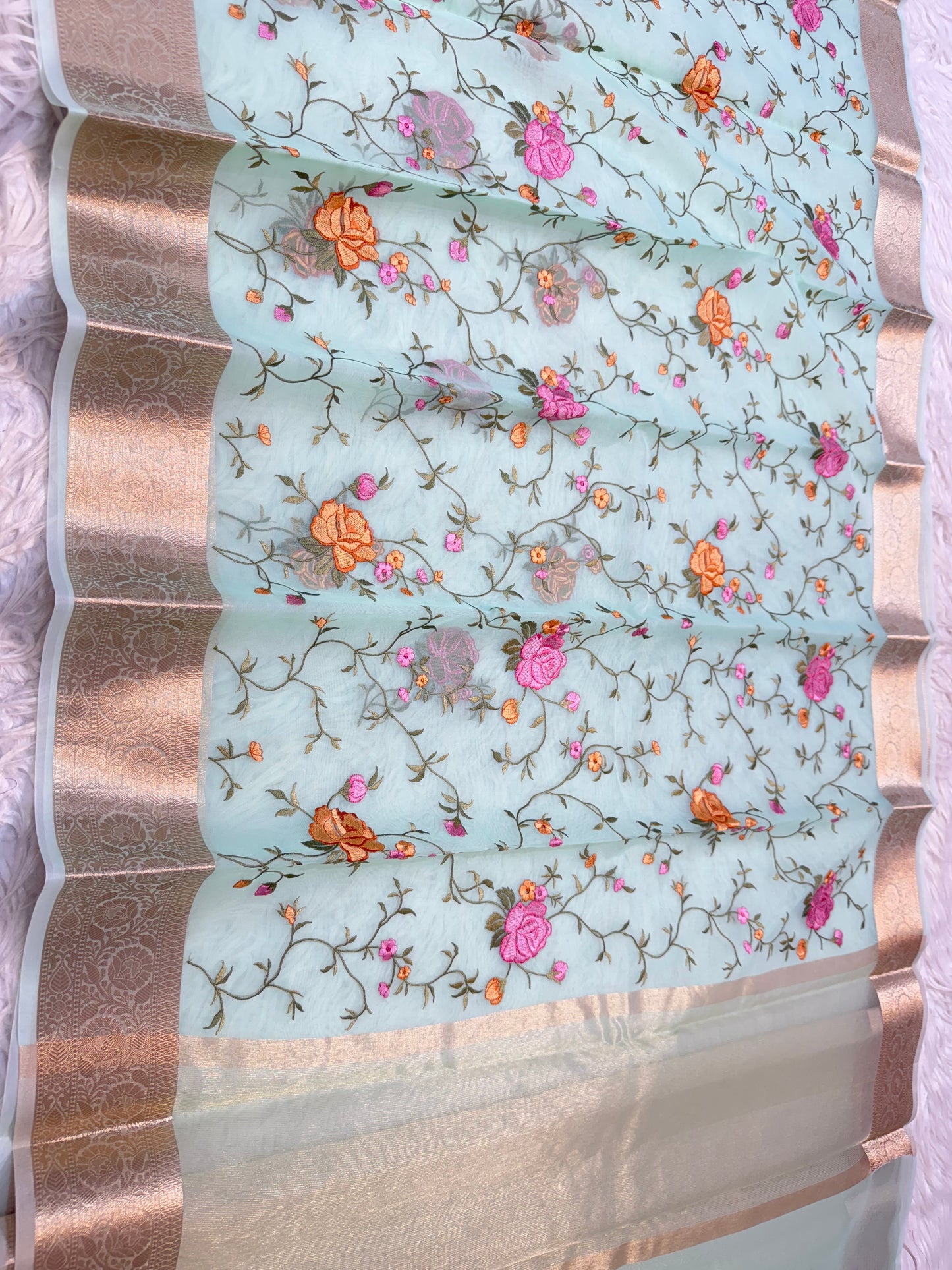 Turquoise shade organza embroidery Banarasi saree