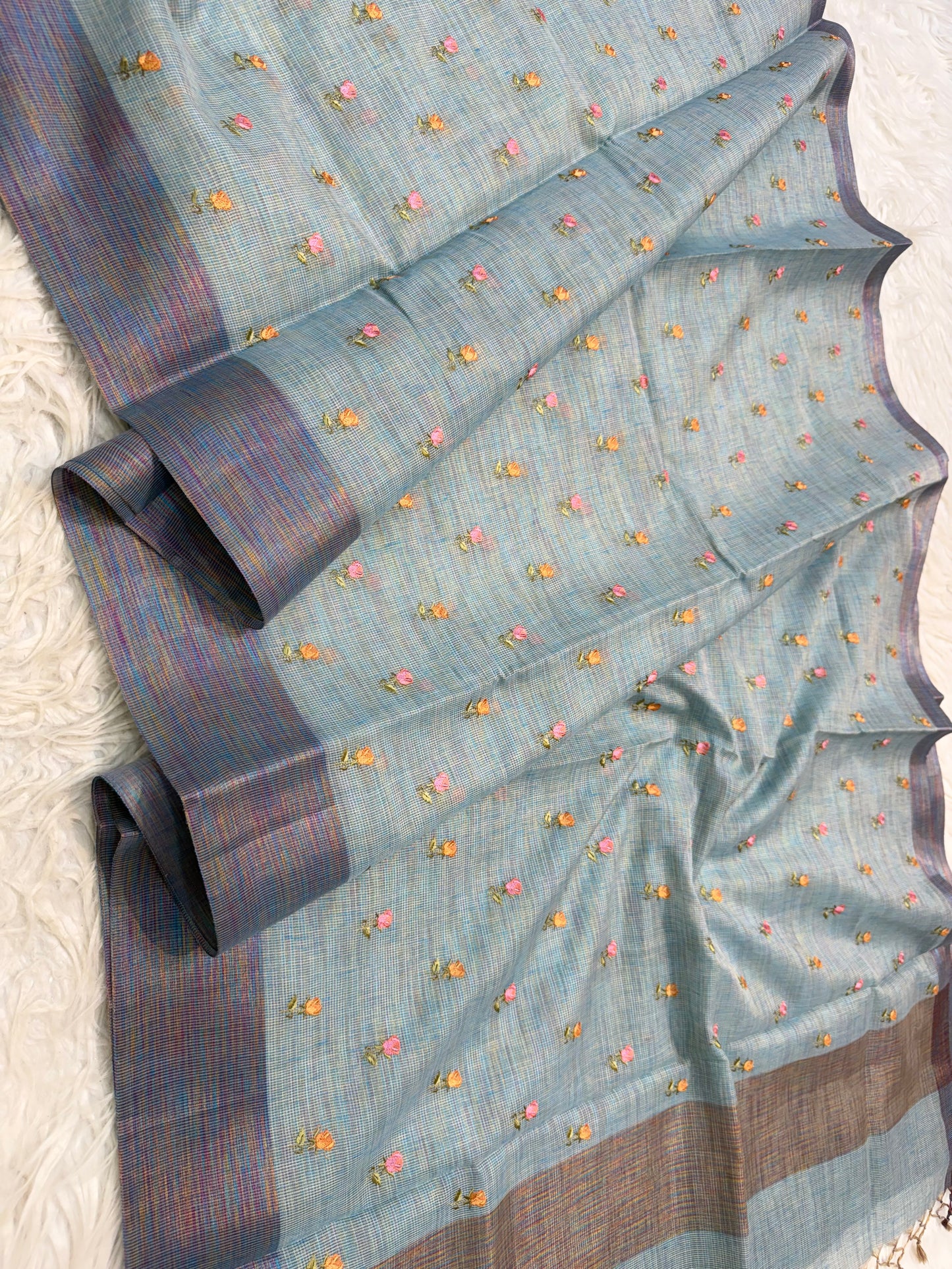 Sea green shade linen embroidery Banarasi saree