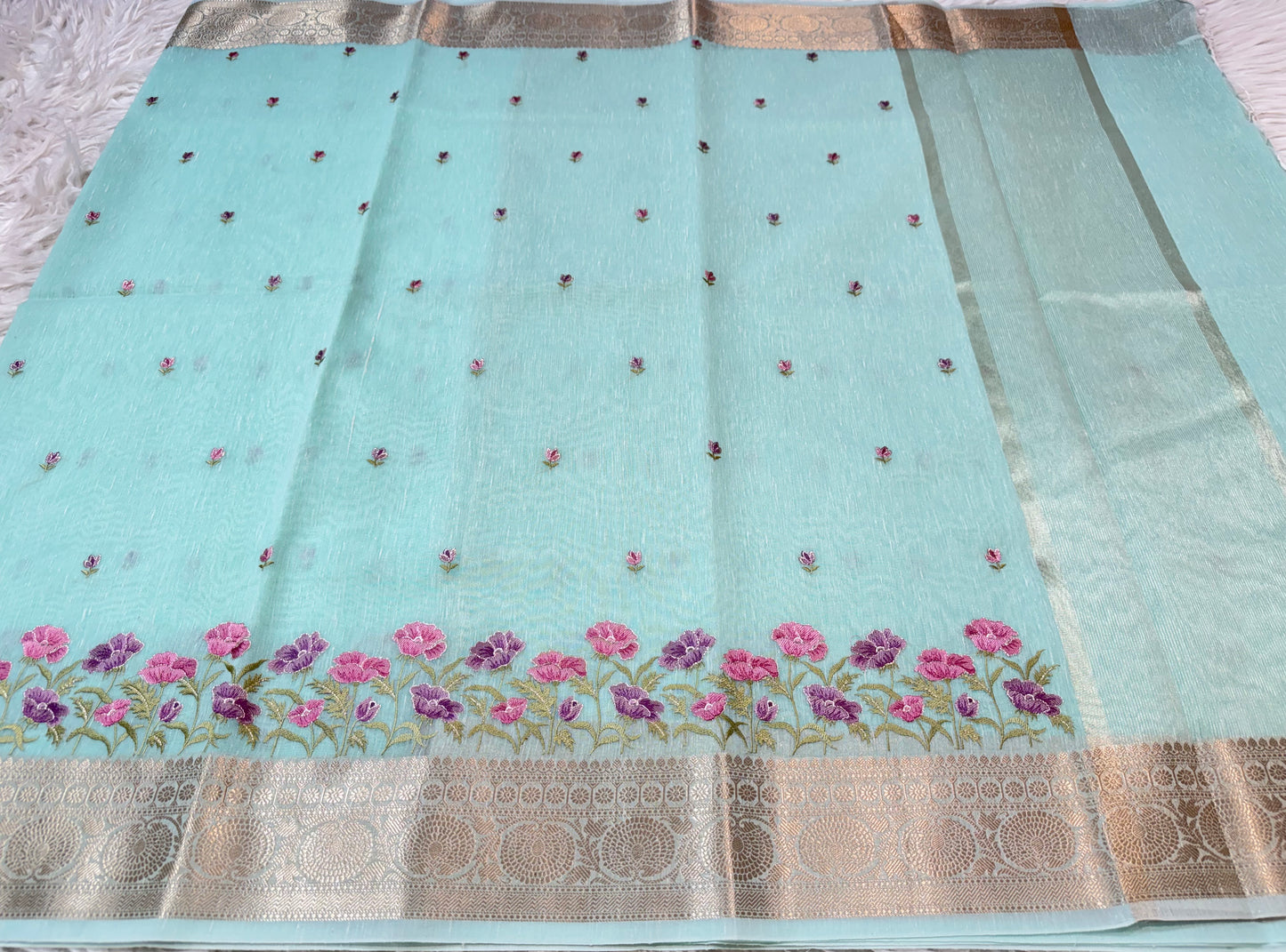 Turquoise shade linen embroidery Banarasi saree