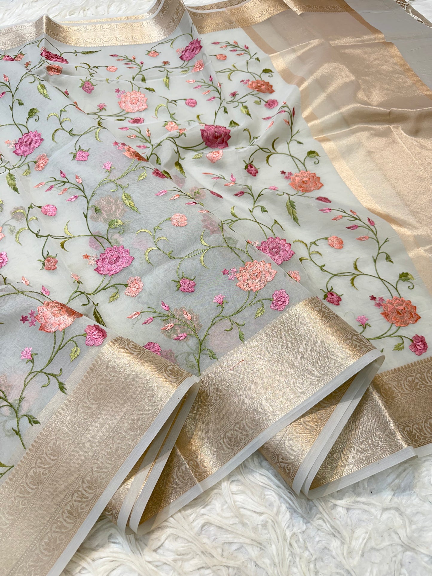 Grey shade organza embroidery Banarasi saree