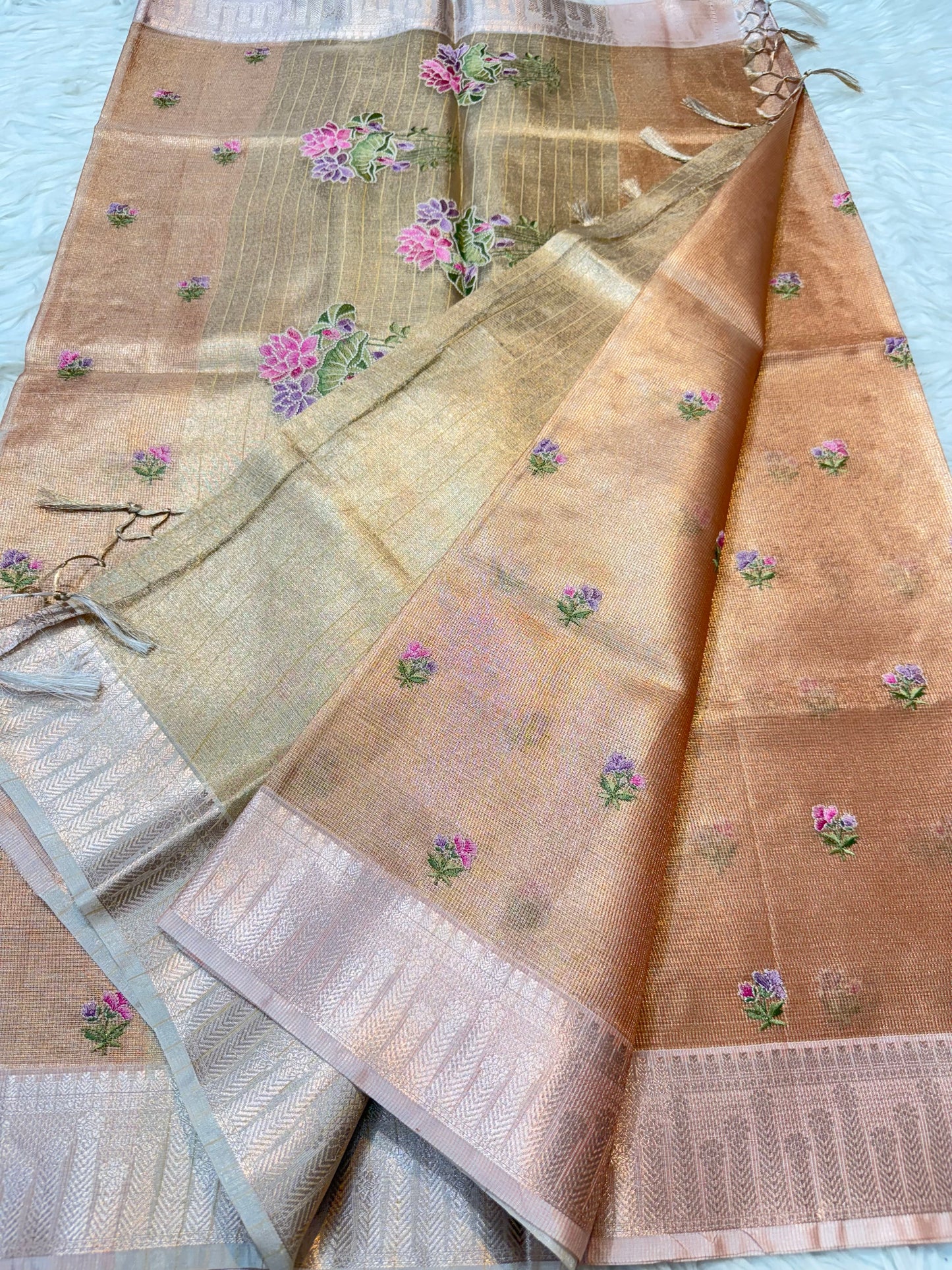 Pink shade tissue kota embroidery primum Banarasi saree