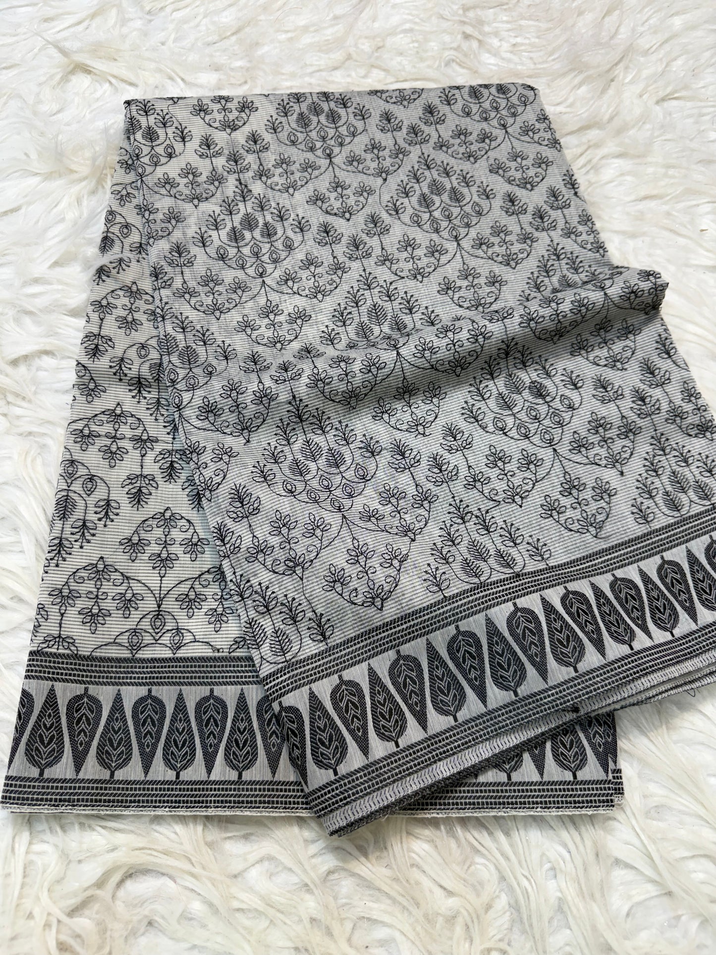Grey shade cotton kota chickenkari embroidery Banarasi saree