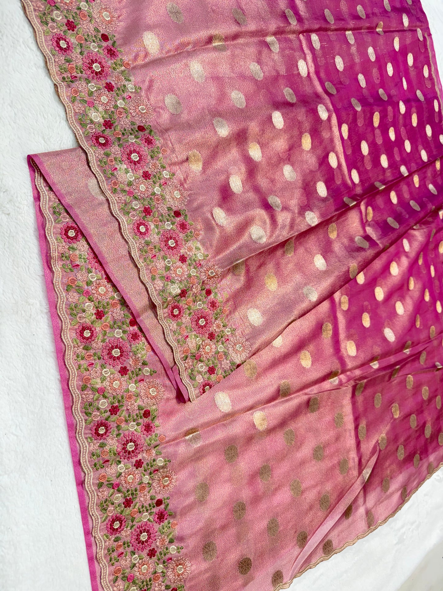 Pink shade tissue cutwork embroidery premium designer Banarasi saree