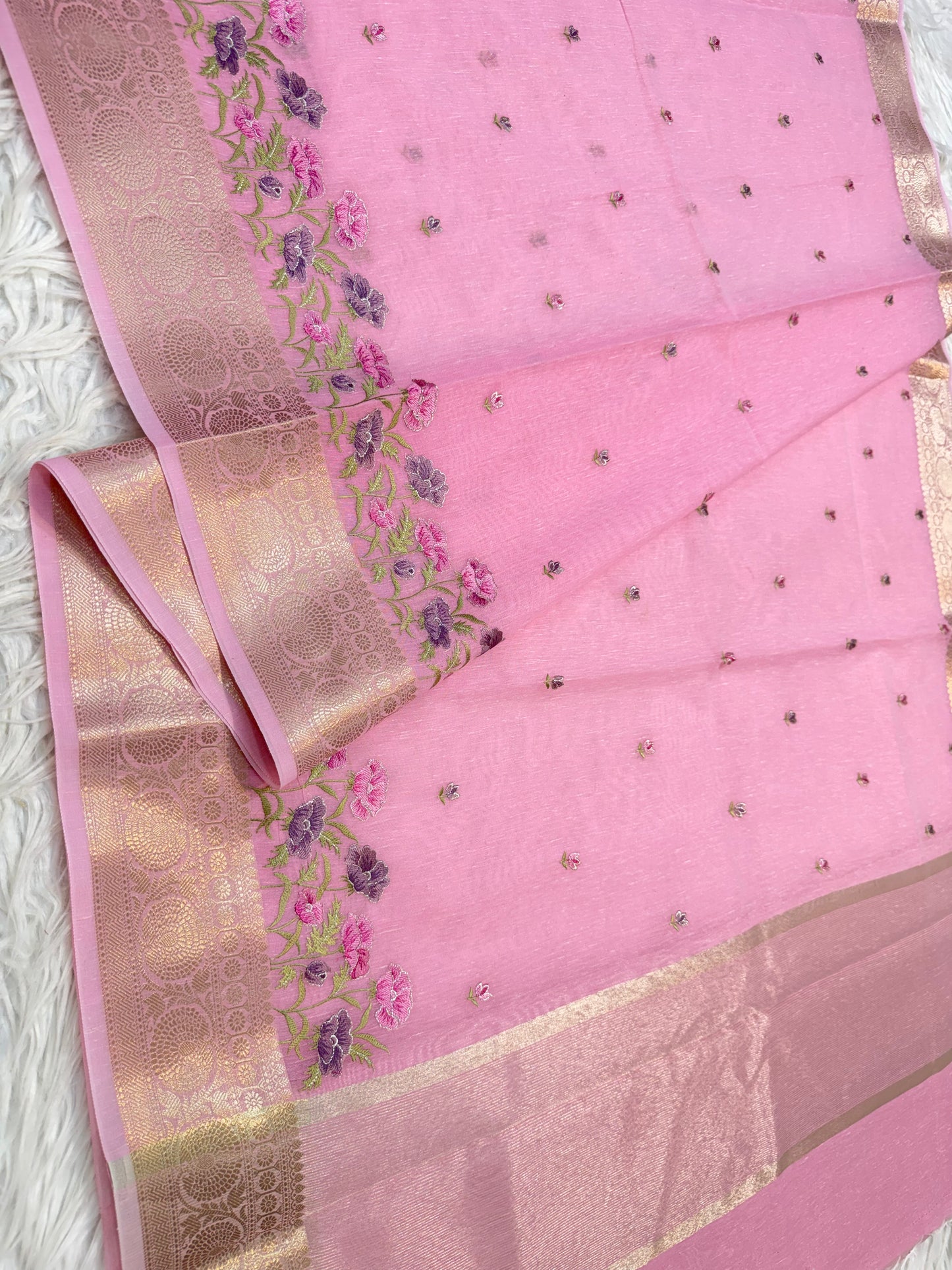 Pink green shade linen embroidery Banarasi saree