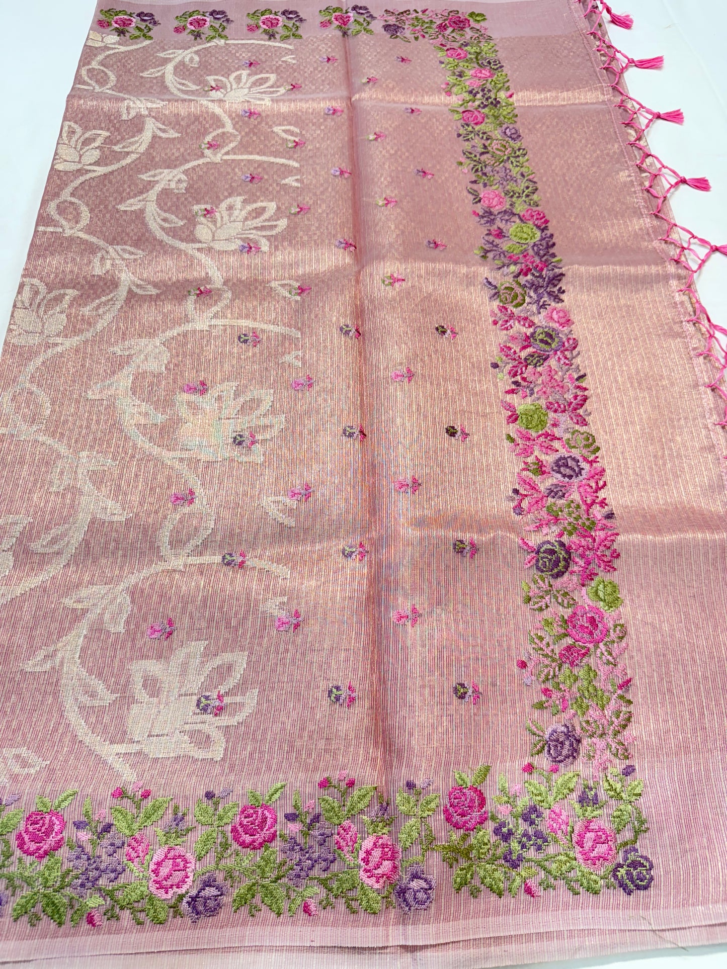 Pink shade tissue kota embroidery primum Banarasi saree