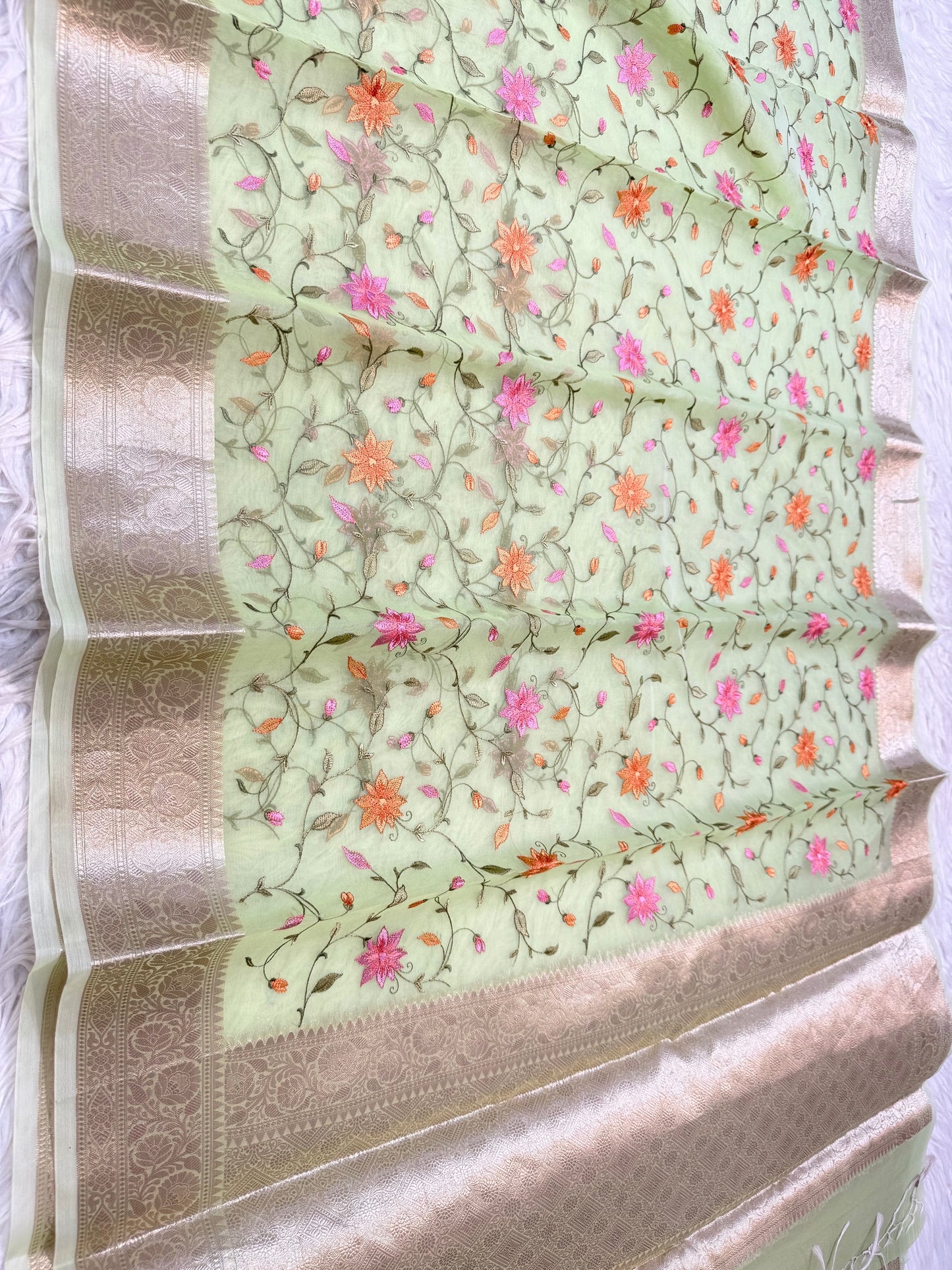 Pista green shade kora organza embroidery Banarasi saree