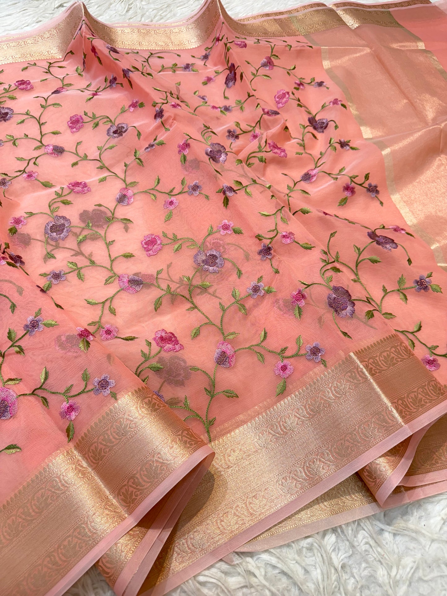 Peach shade organza embroidery Banarasi saree