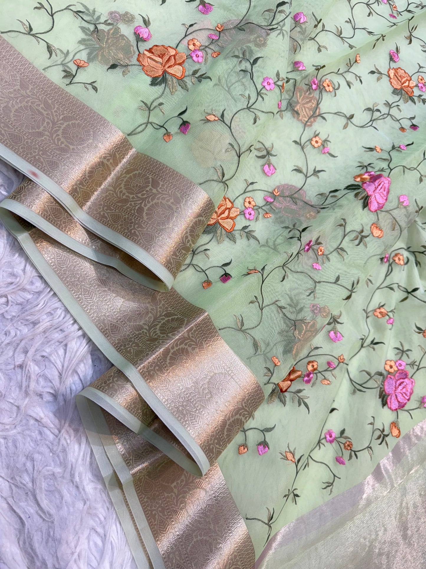 Pista green shade organza embroidery Banarasi saree