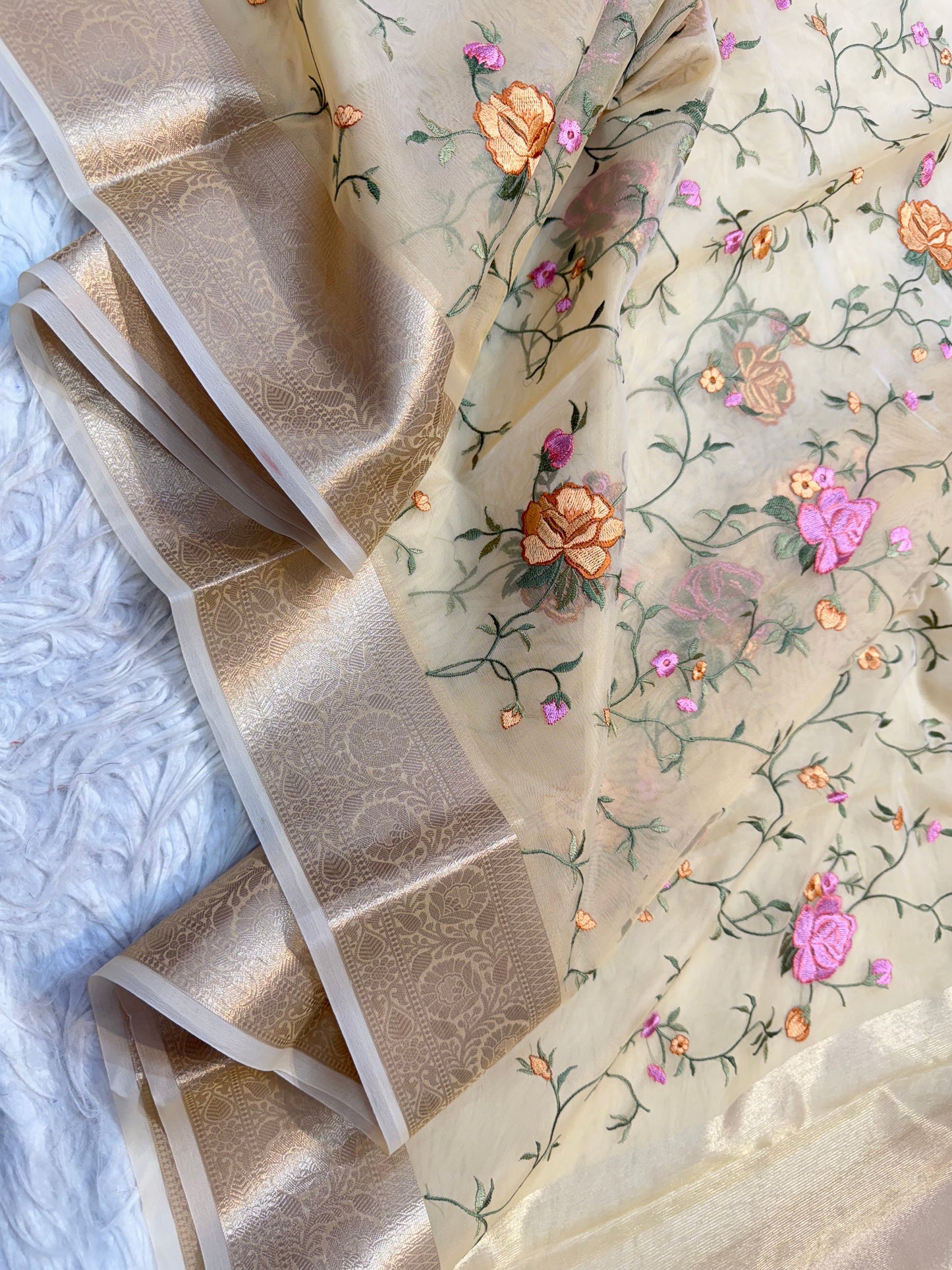 Beige shade organza embroidery Banarasi saree