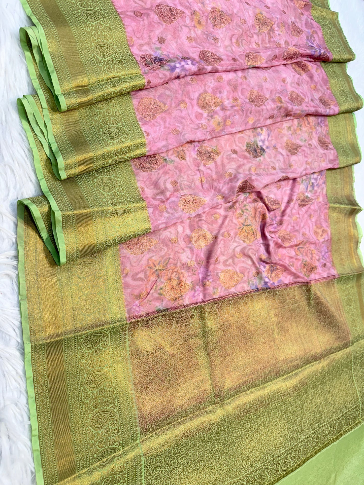 Peach pista green & multicolour shade georgatte digital print Banarasi saree
