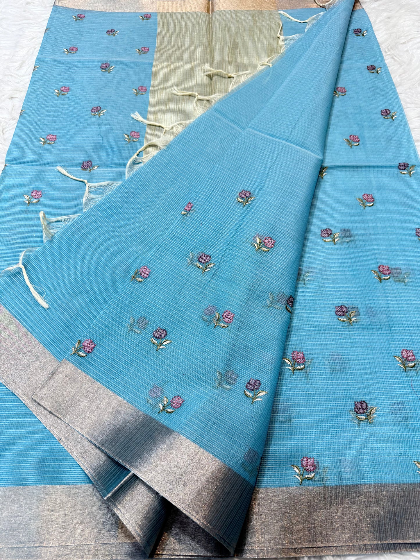 Sky blue shade cotton kota embroidery Banarasi saree