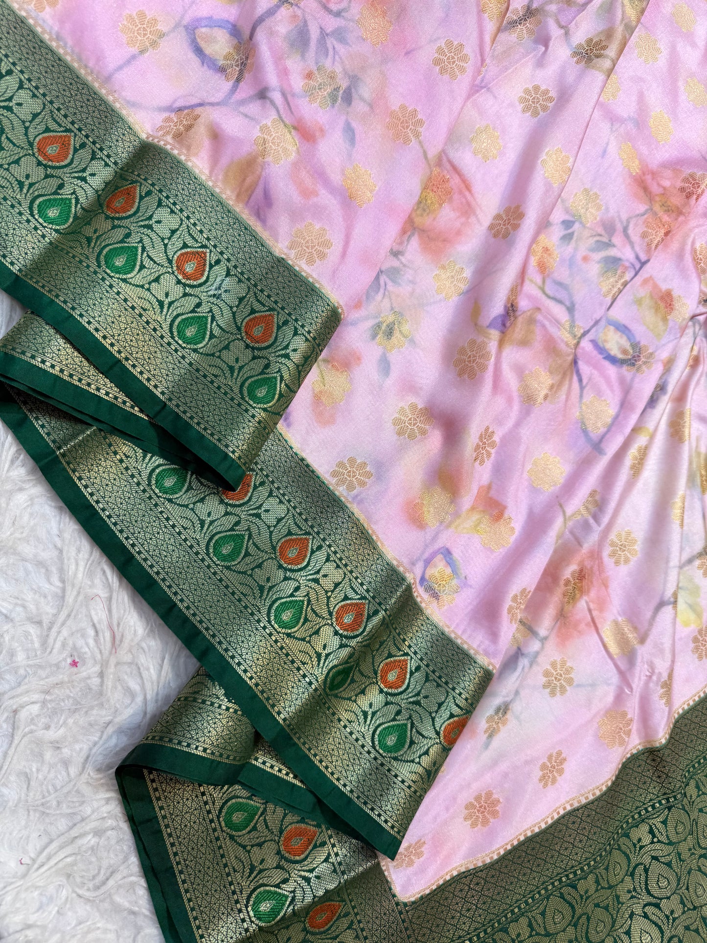 Pink bottle green & multicolour Dupion silk digital print Banarasi saree