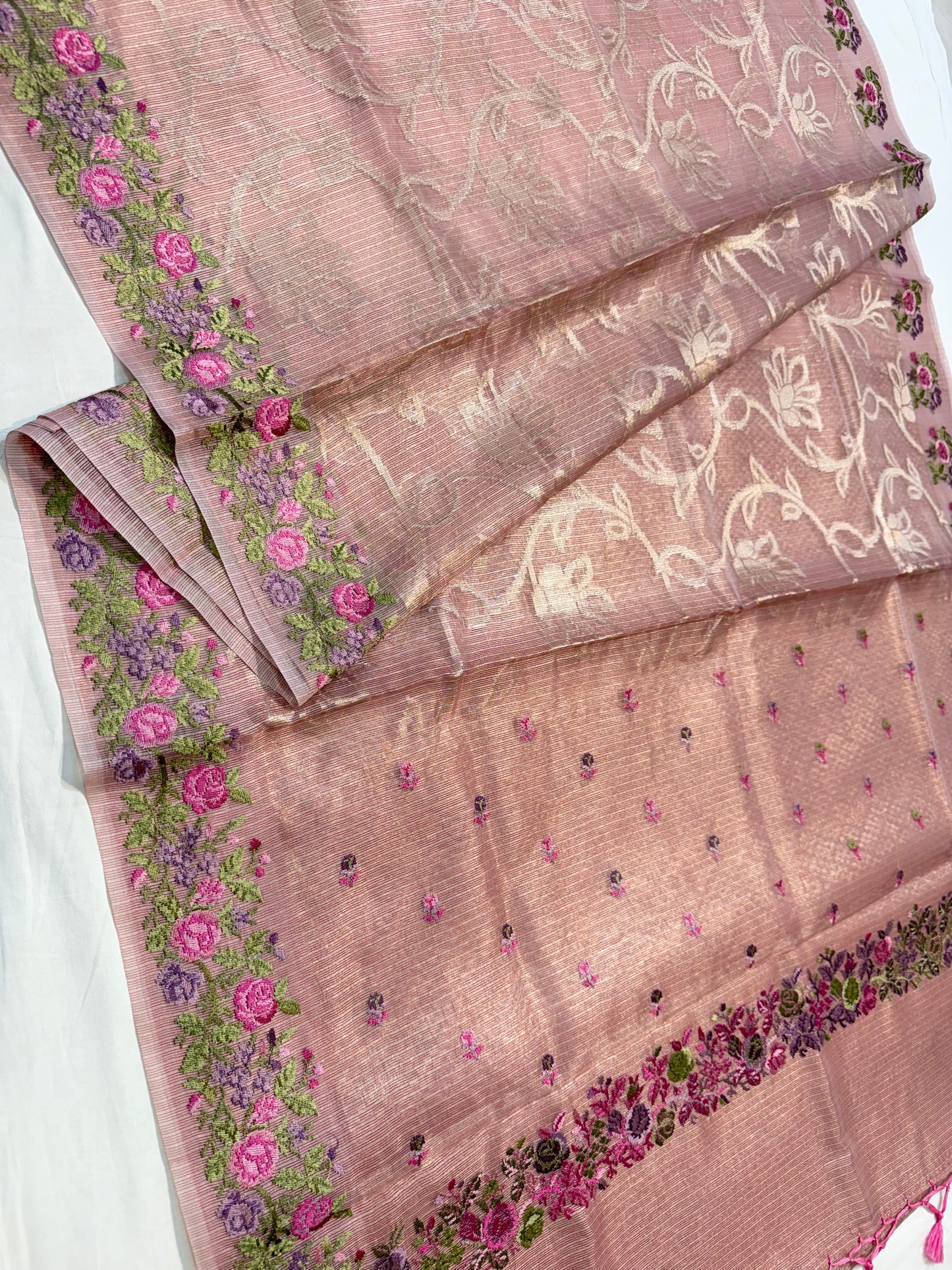 Peach shade tissue kota embroidery primum Banarasi saree