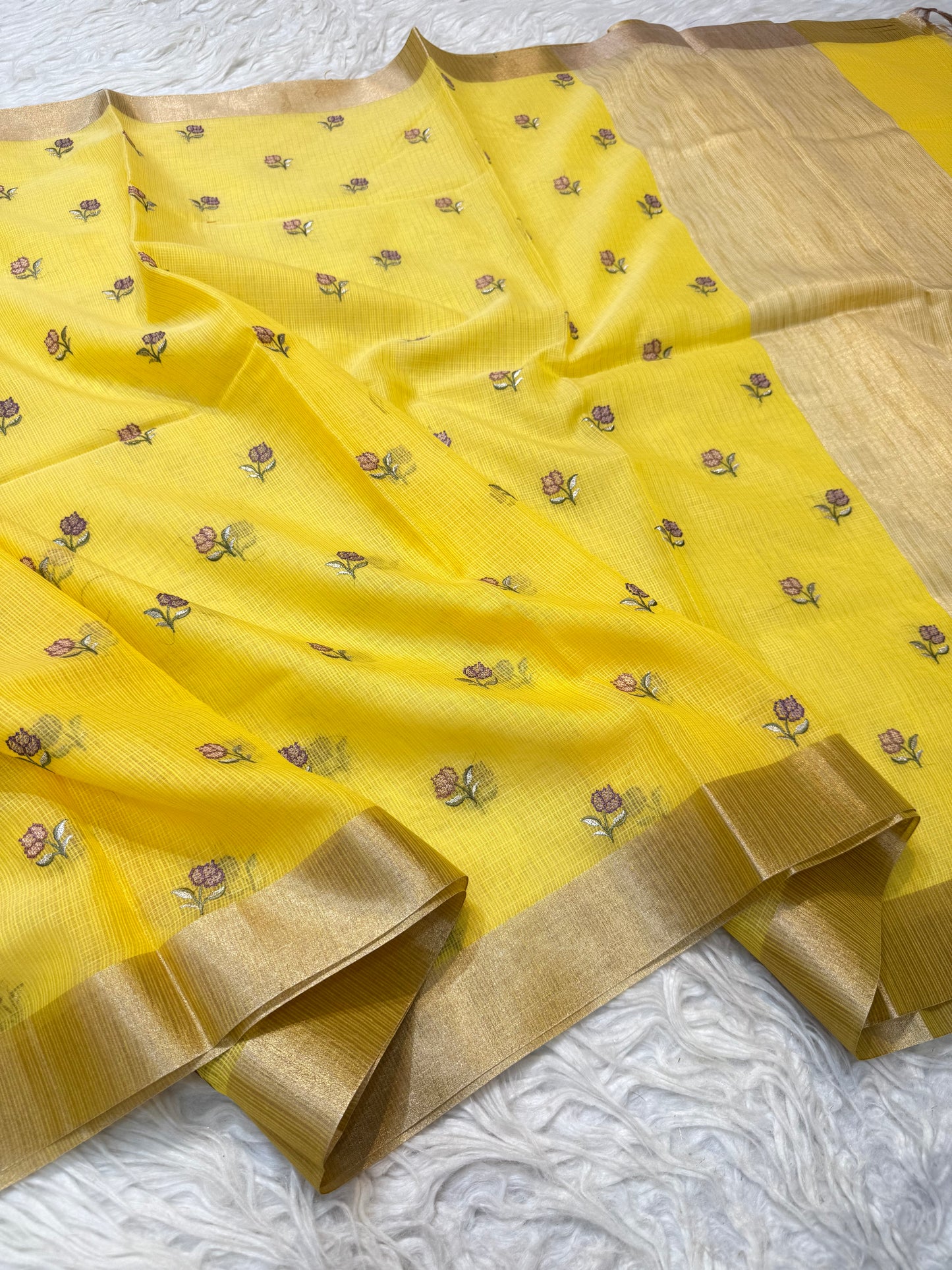 Yellow shade cotton kota embroidery Banarasi saree