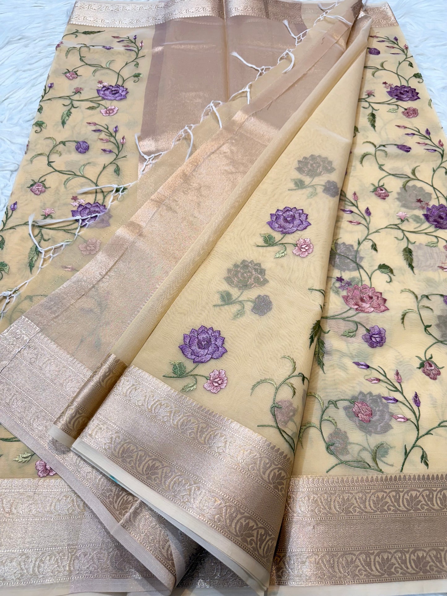 Beige shade organza embroidery Banarasi saree