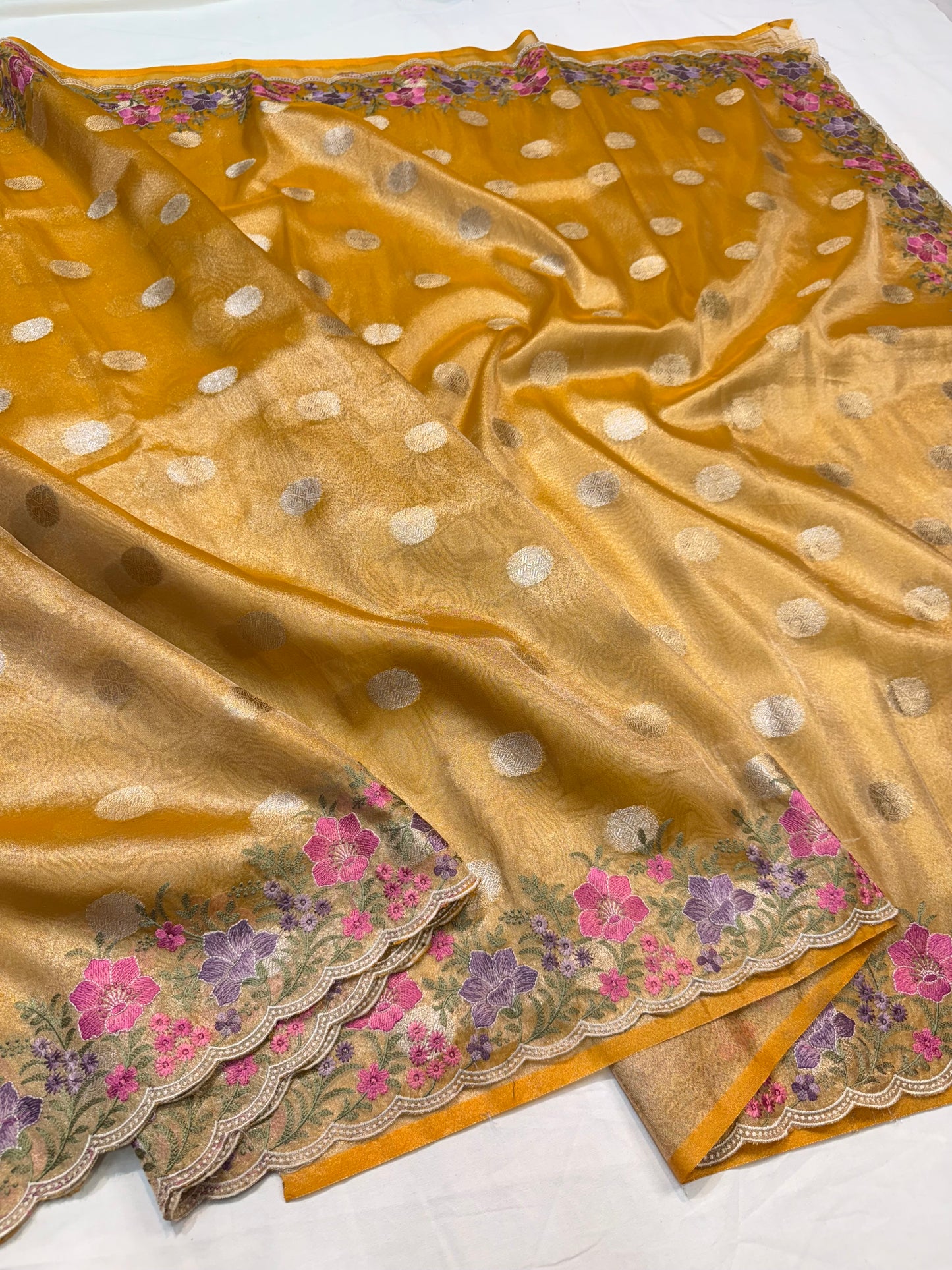 Gold tissue cutwork embroidery premium designer Banarasi saree