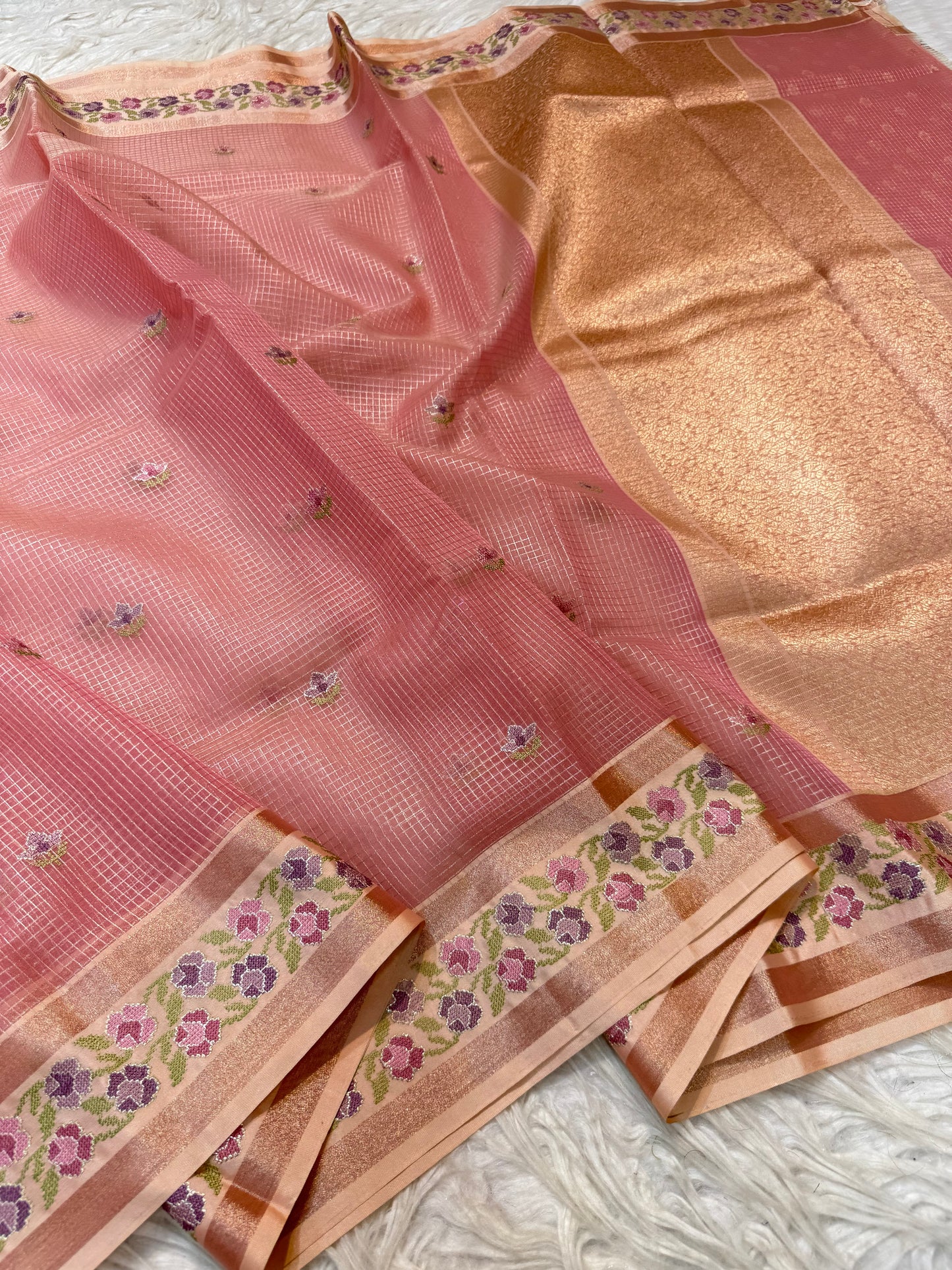 Rose gold shade kora organza embroidery Banarasi saree