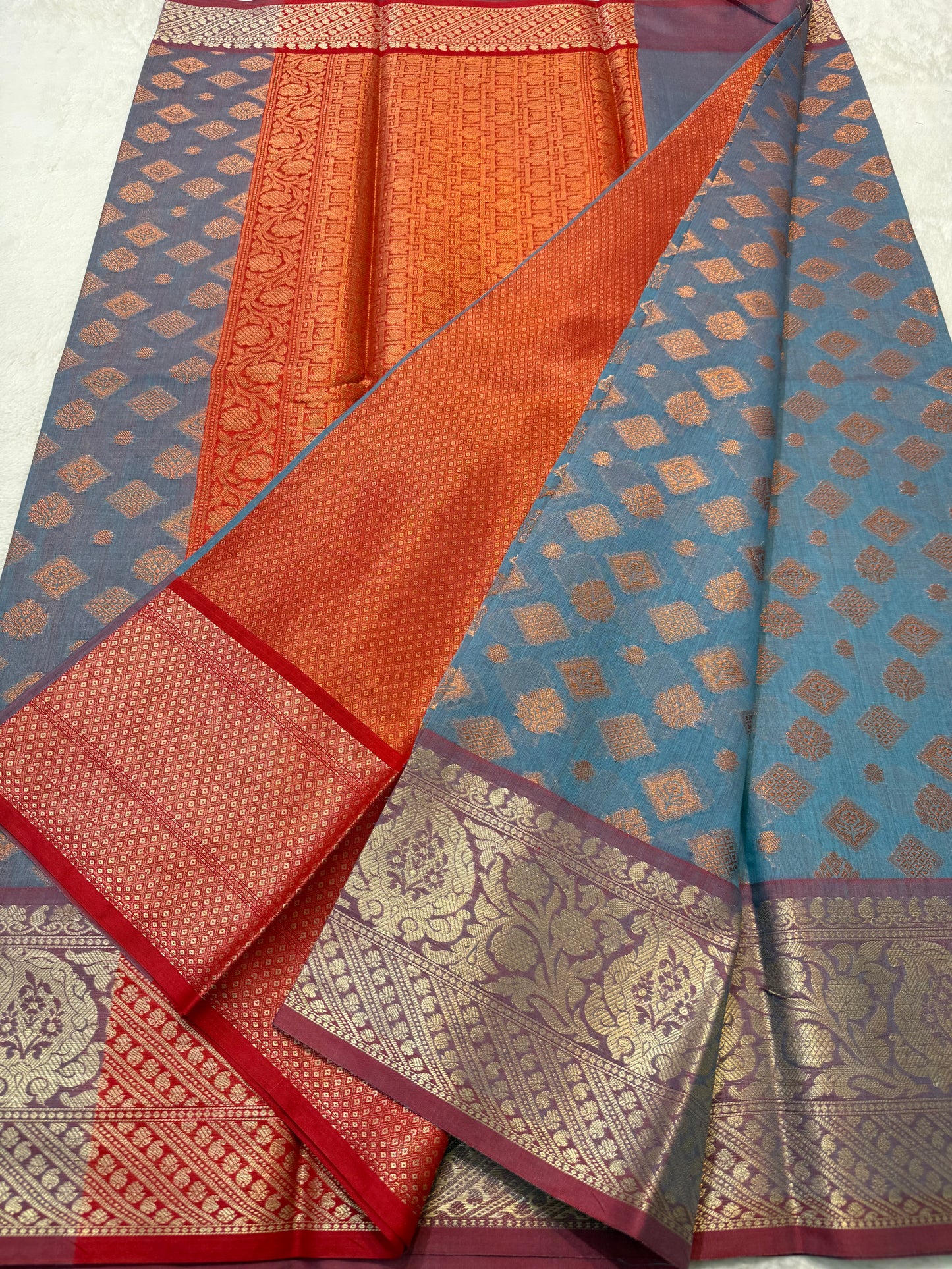Grey red cotton silk premium Banarasi saree