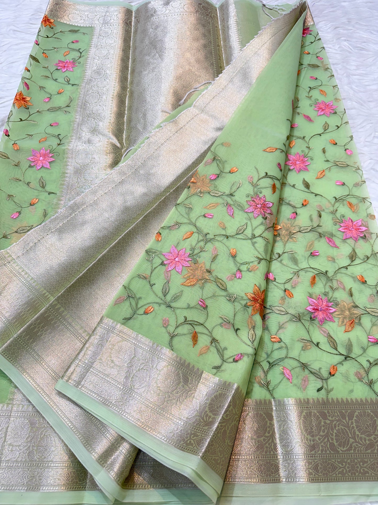 Pista green shade kora organza embroidery Banarasi saree
