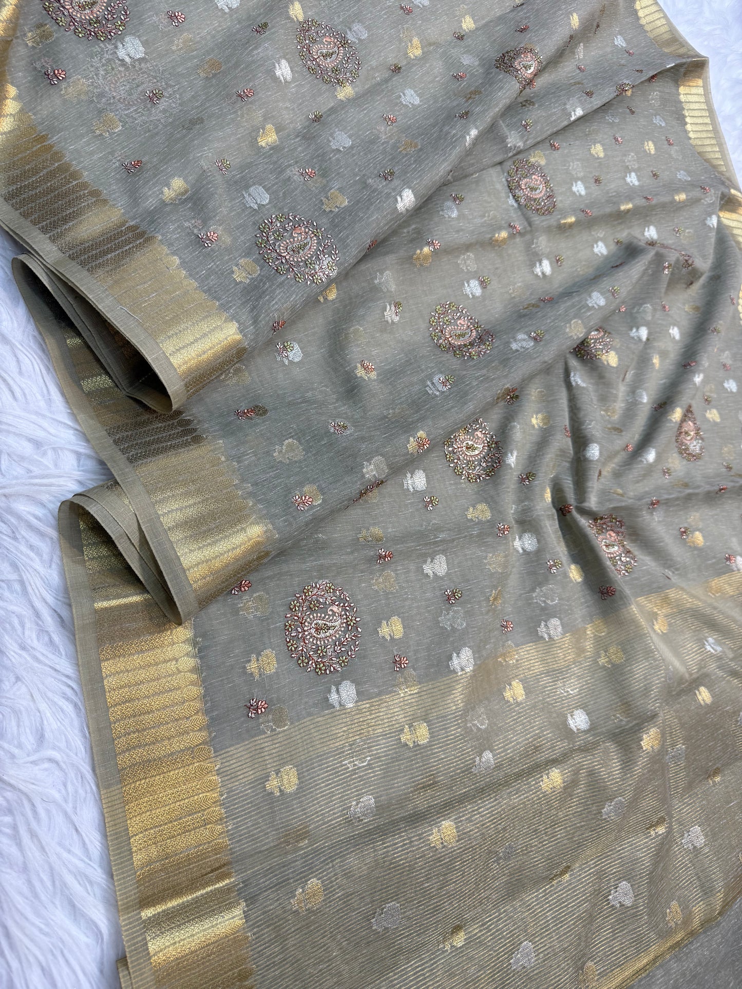 Grey shade linen embroidery Banarasi saree
