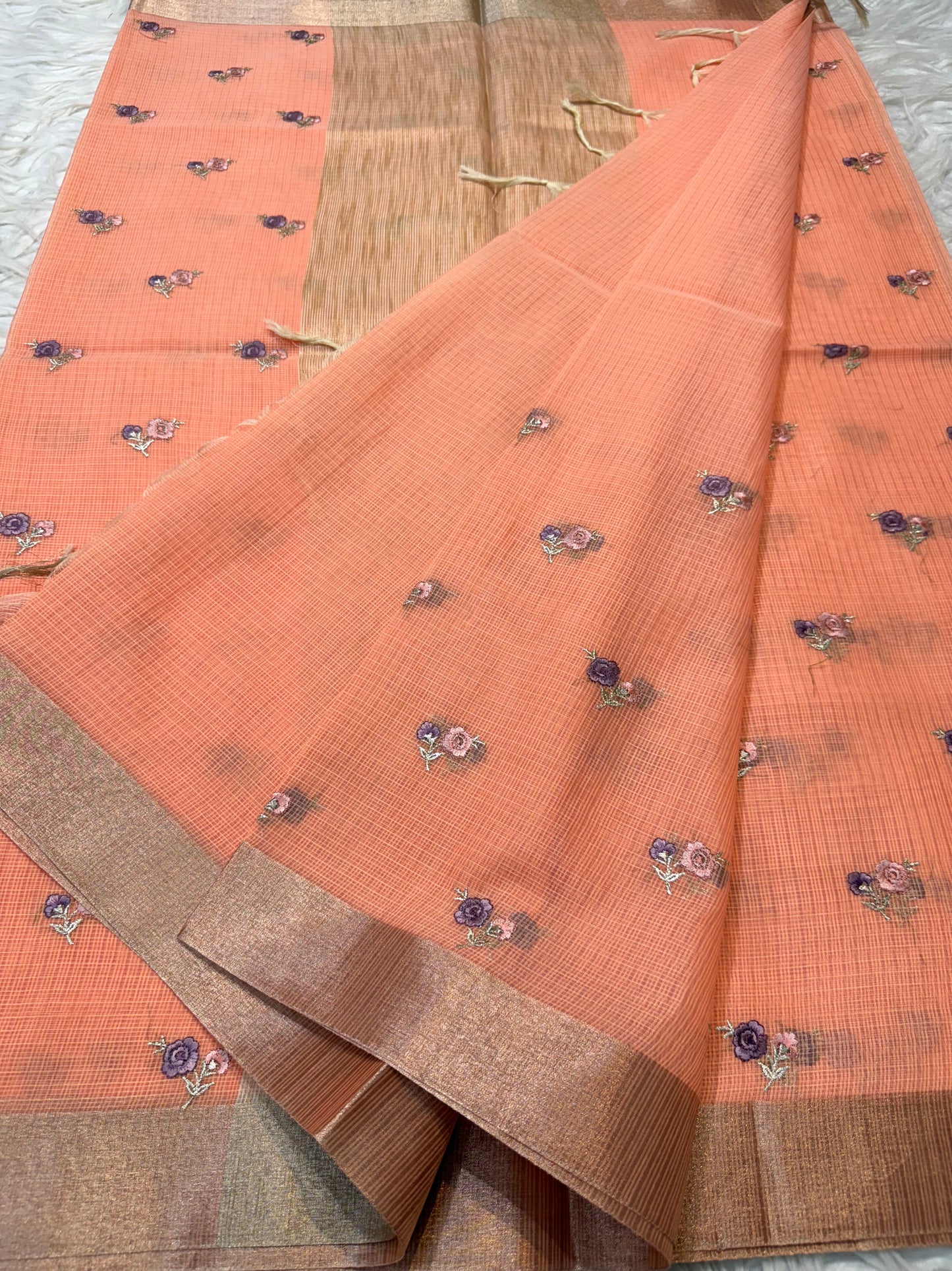 Peach shade cotton kota embroidery Banarasi saree