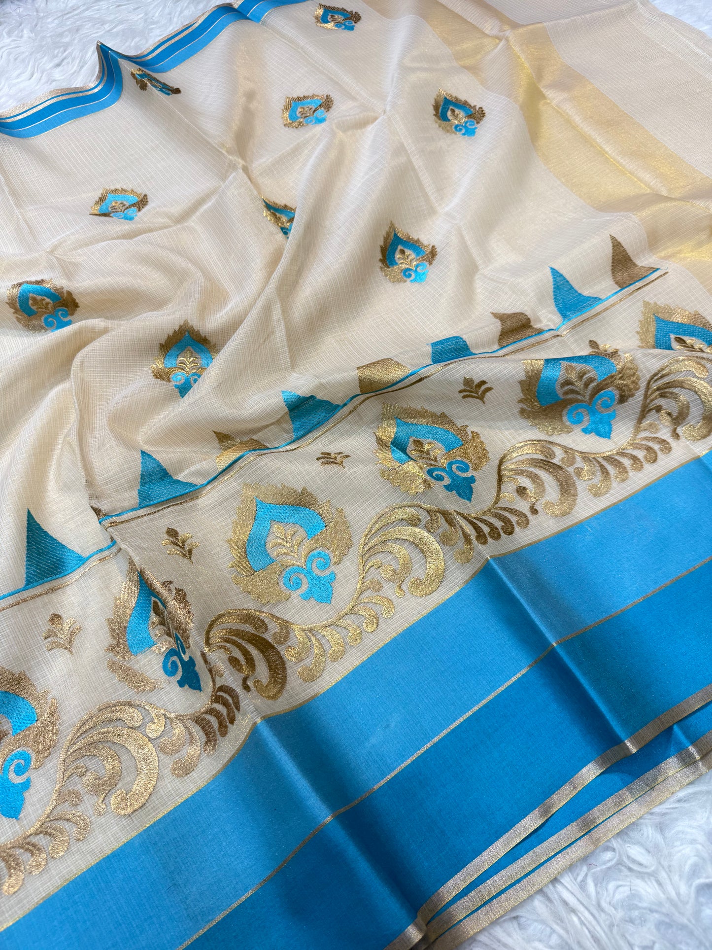 Off White powder blue shade tissue kota embroidery Banarasi saree