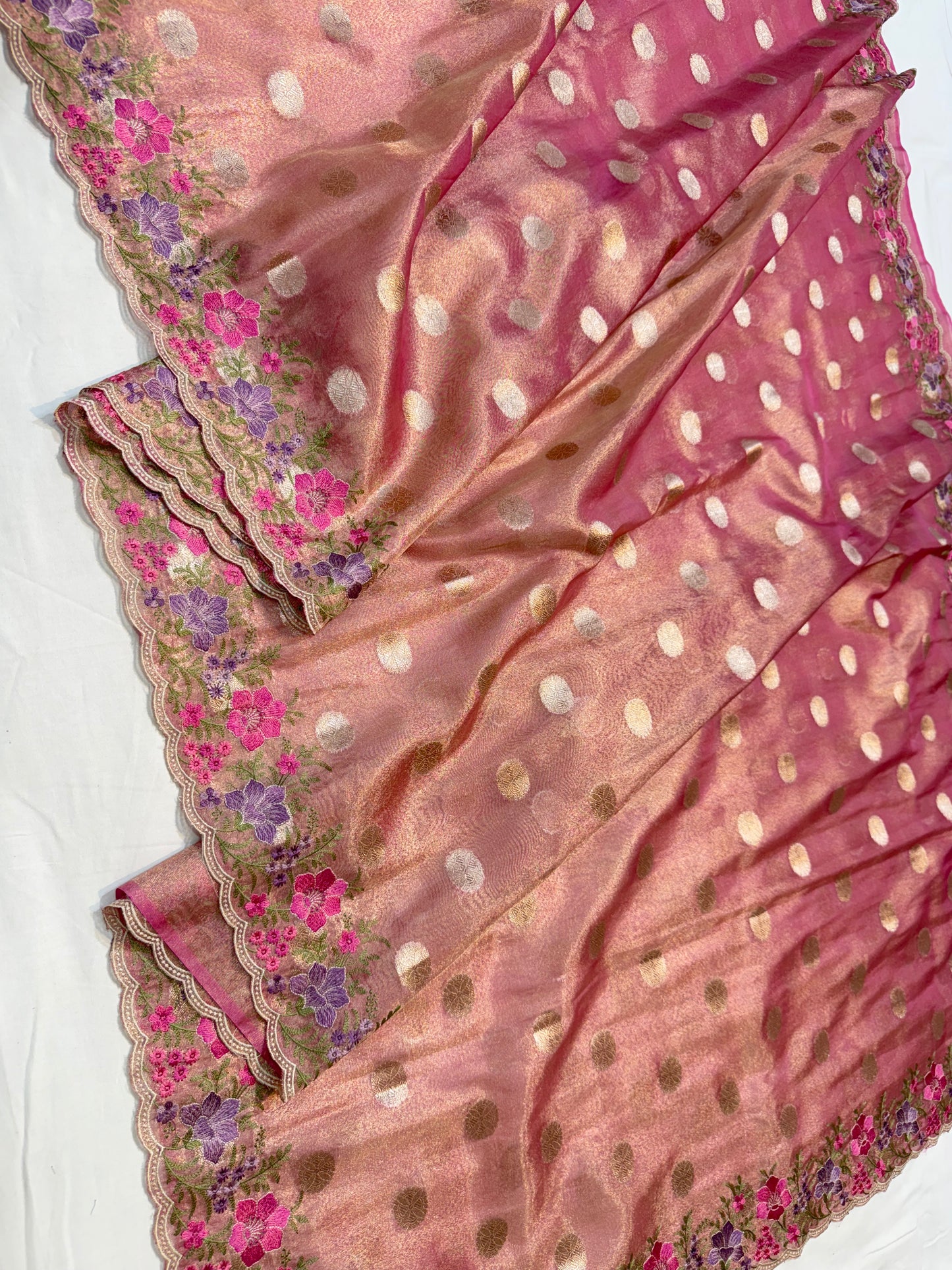 Pink tissue cutwork embroidery premium designer Banarasi saree
