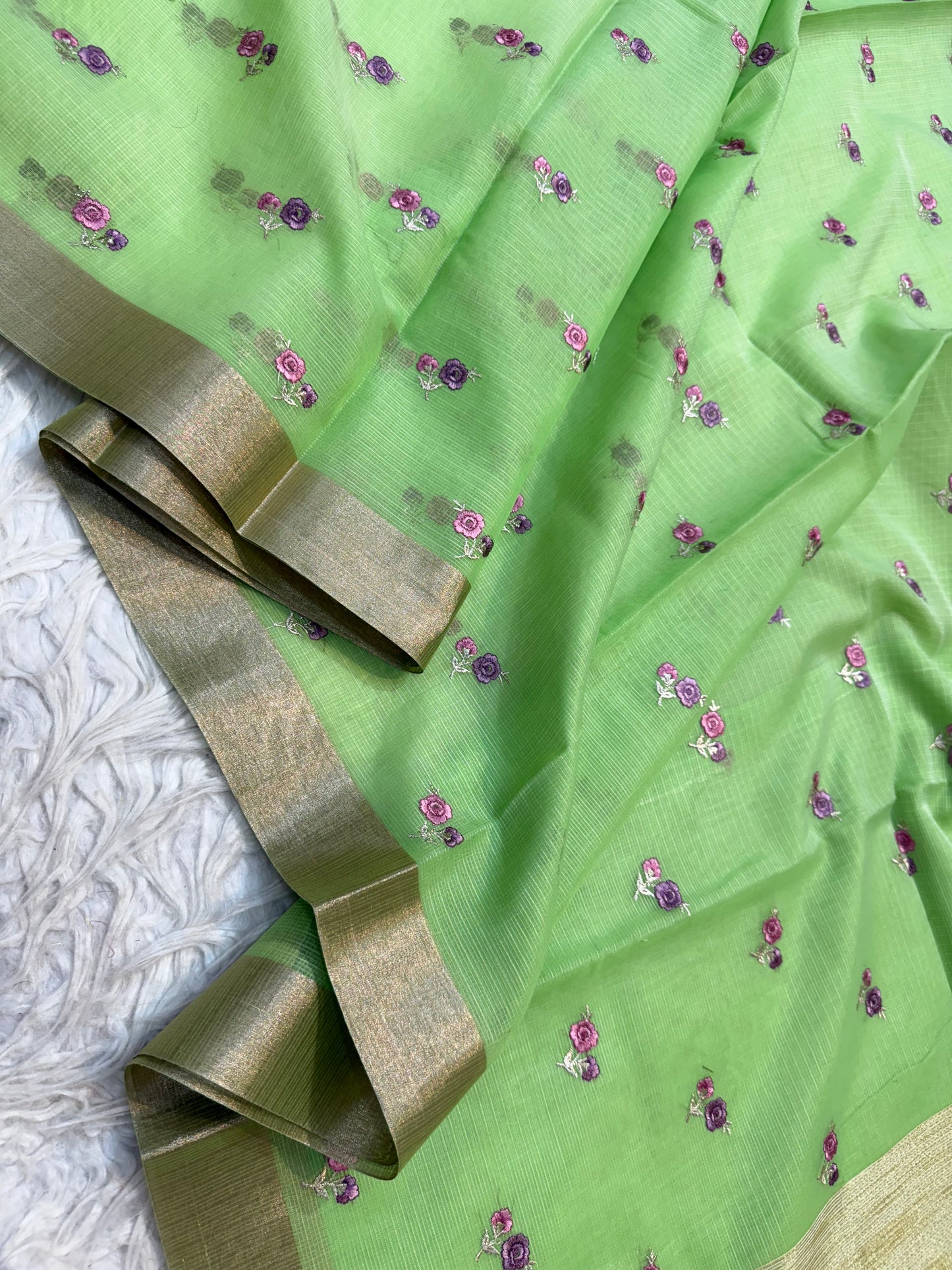 Pista green shade cotton kota embroidery Banarasi saree