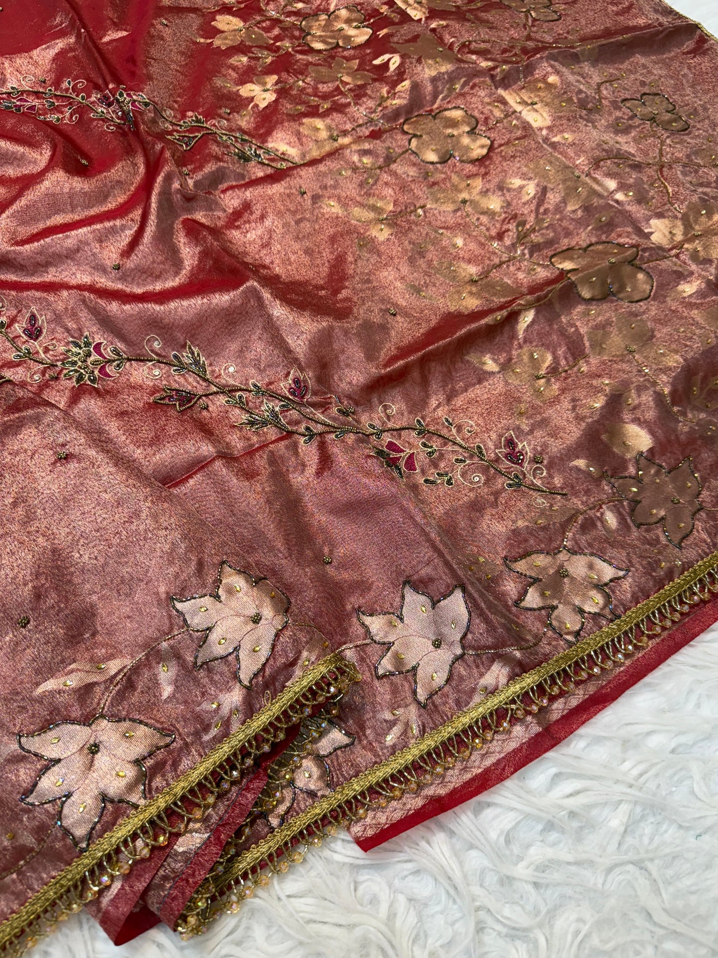 Red shade tissue ari & zardosi work designer premium Banarasi saree