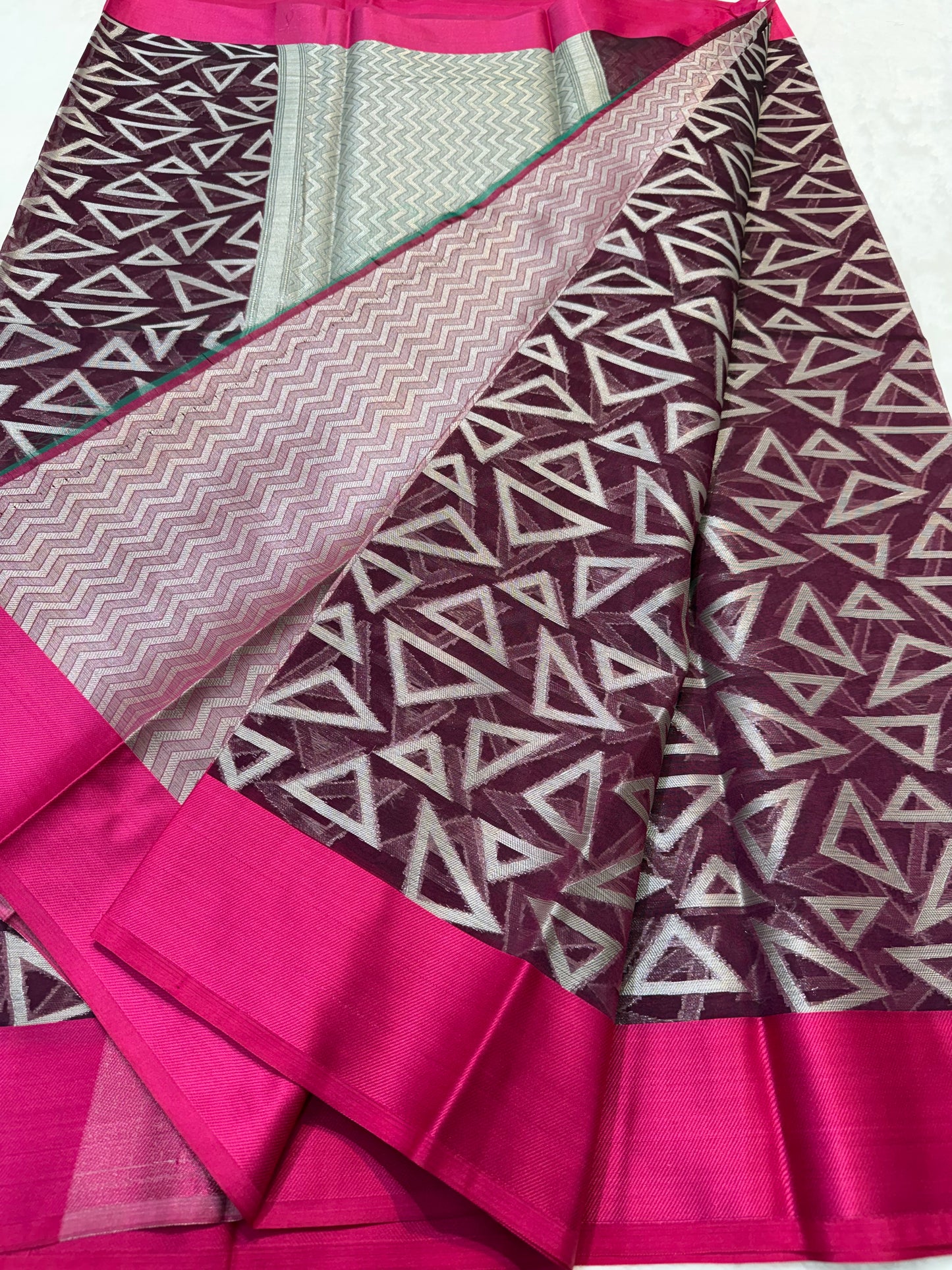 Maroon & royal pink shade kora organza Banarasi saree
