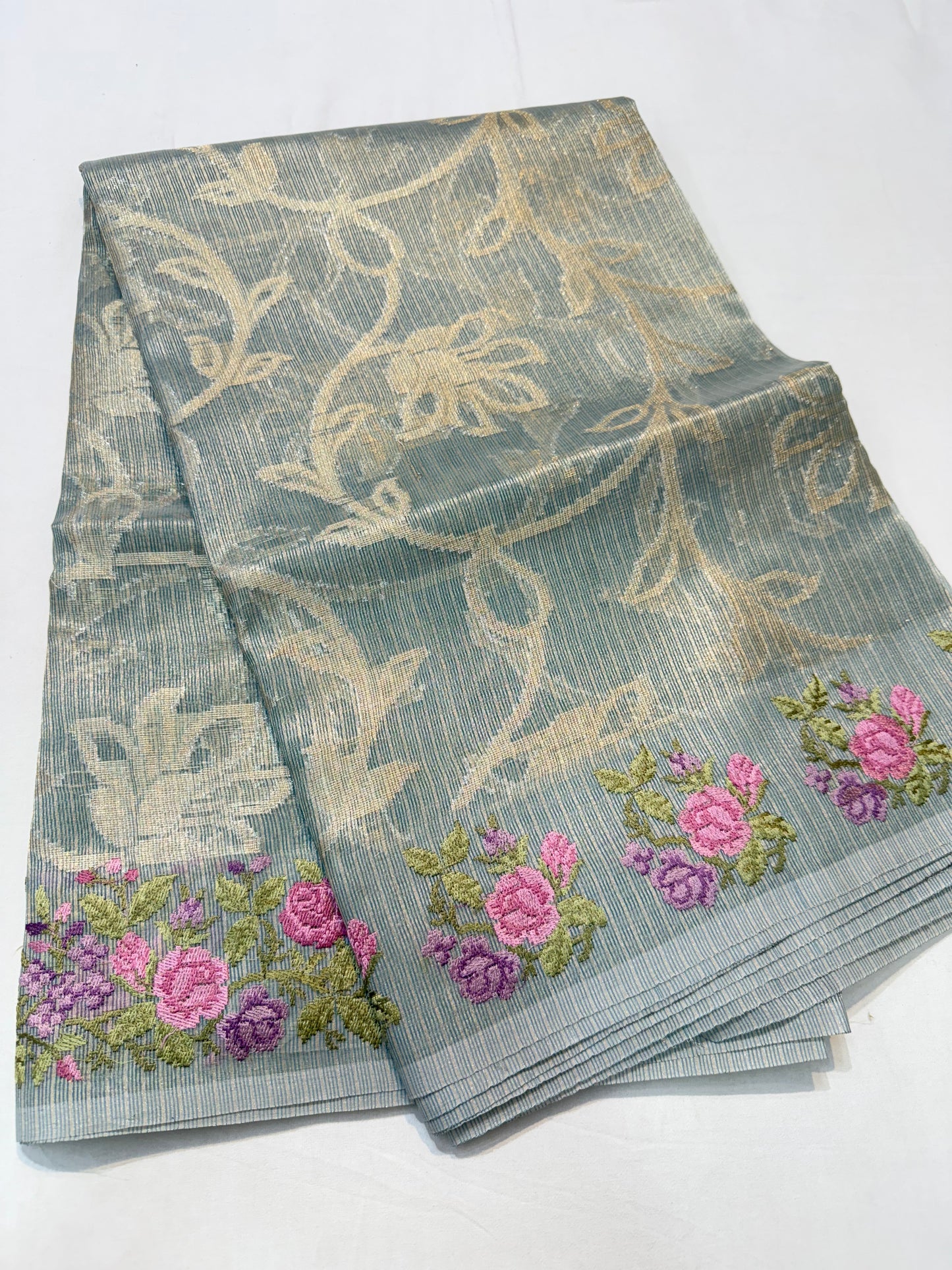 Pista green shade tissue kota embroidery primum Banarasi saree