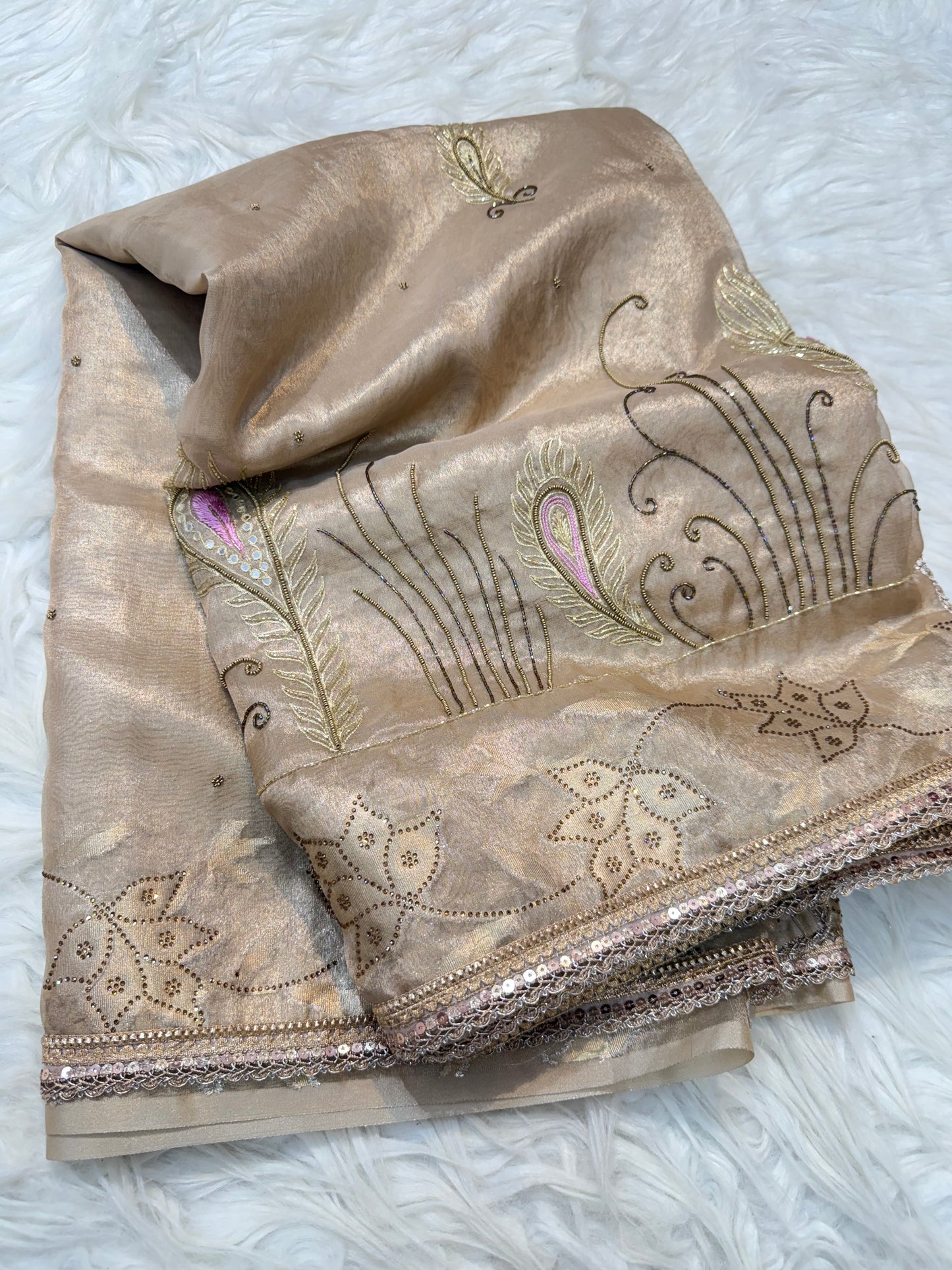 Beige shade tissue ari & zardosi work designer premium Banarasi saree