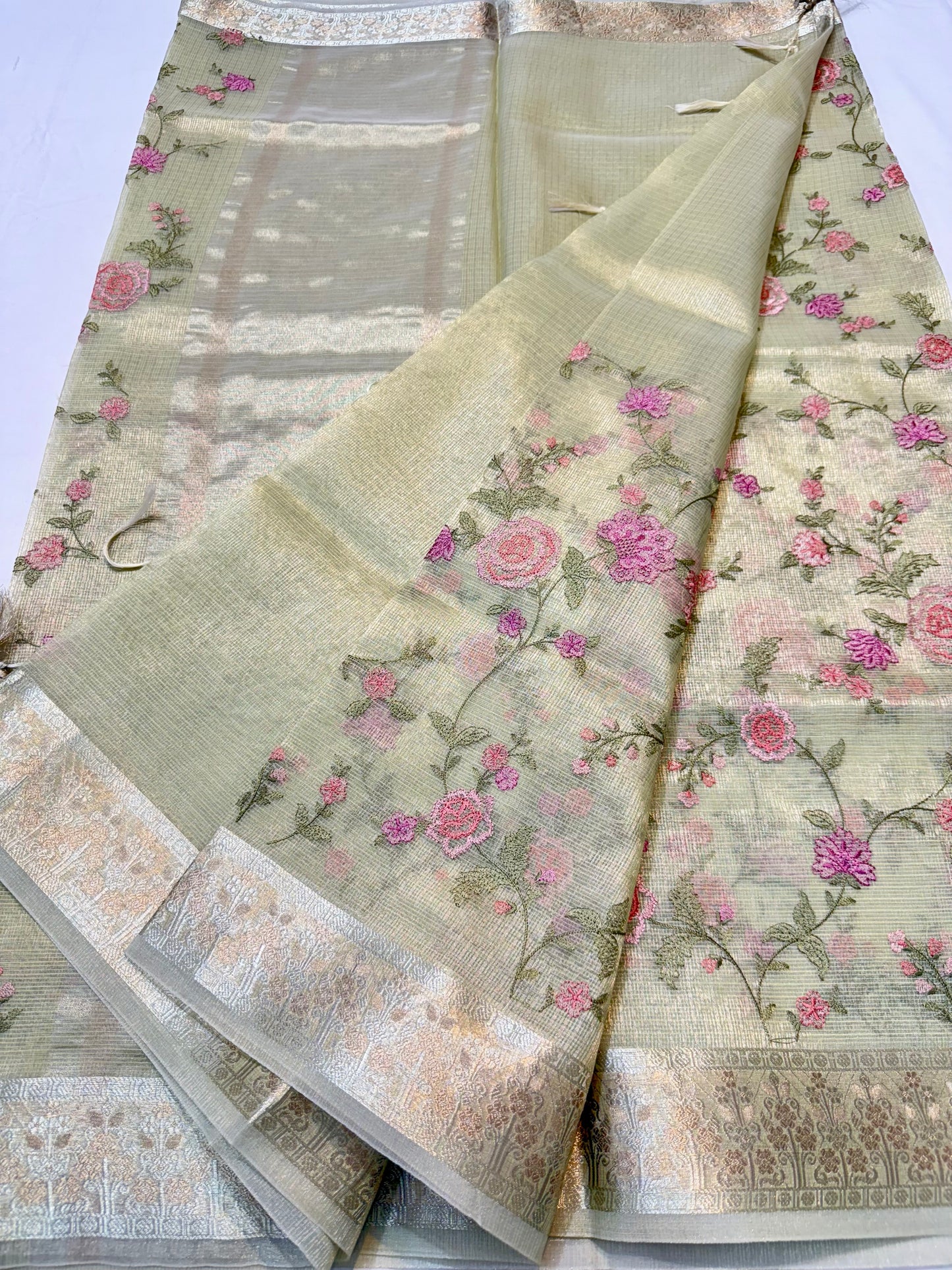 Pista green shade tissue kota embroidery primum Banarasi saree