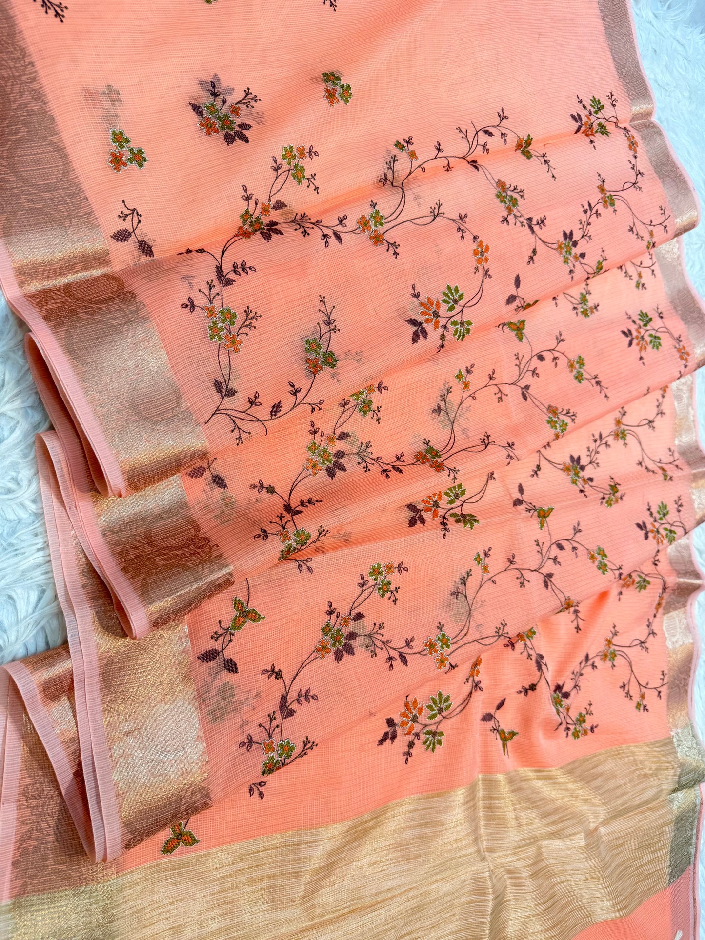 Peach shade kota embroidery Banarasi saree