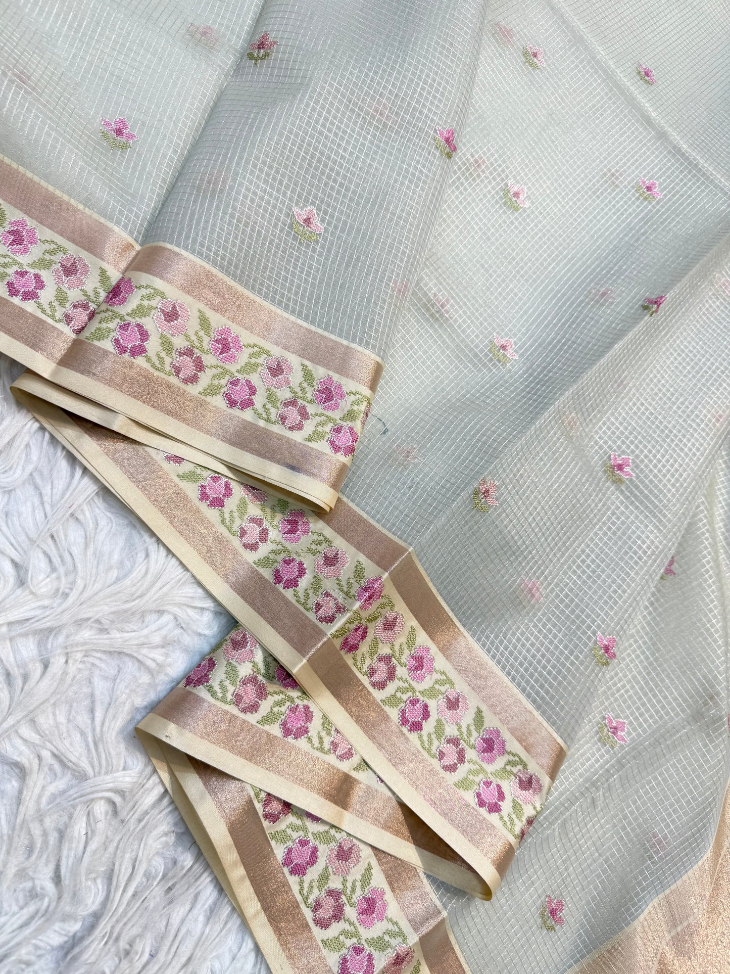 Grey shade kora organza embroidery Banarasi saree